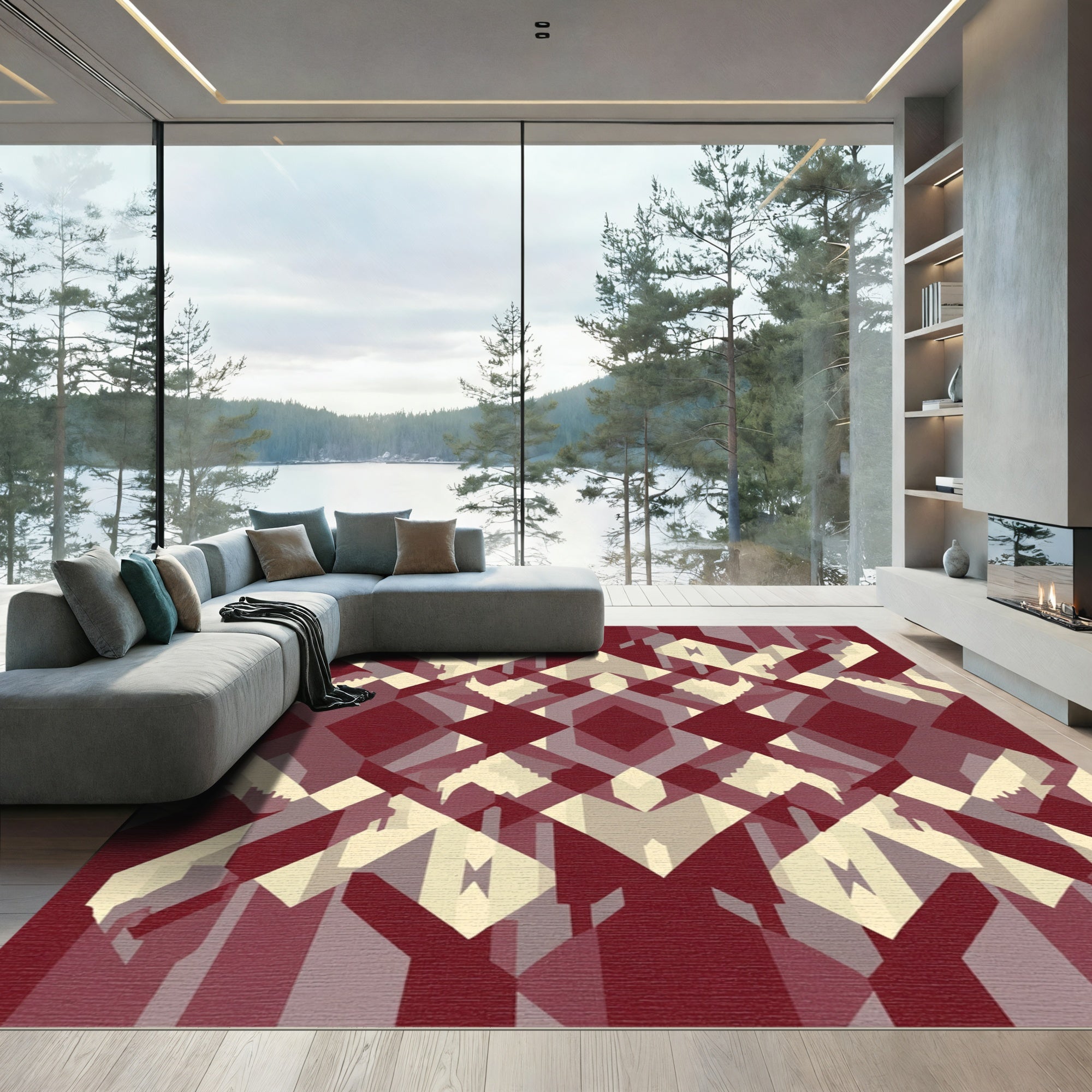 Deep Red Geometric Diamond Overlay Rug