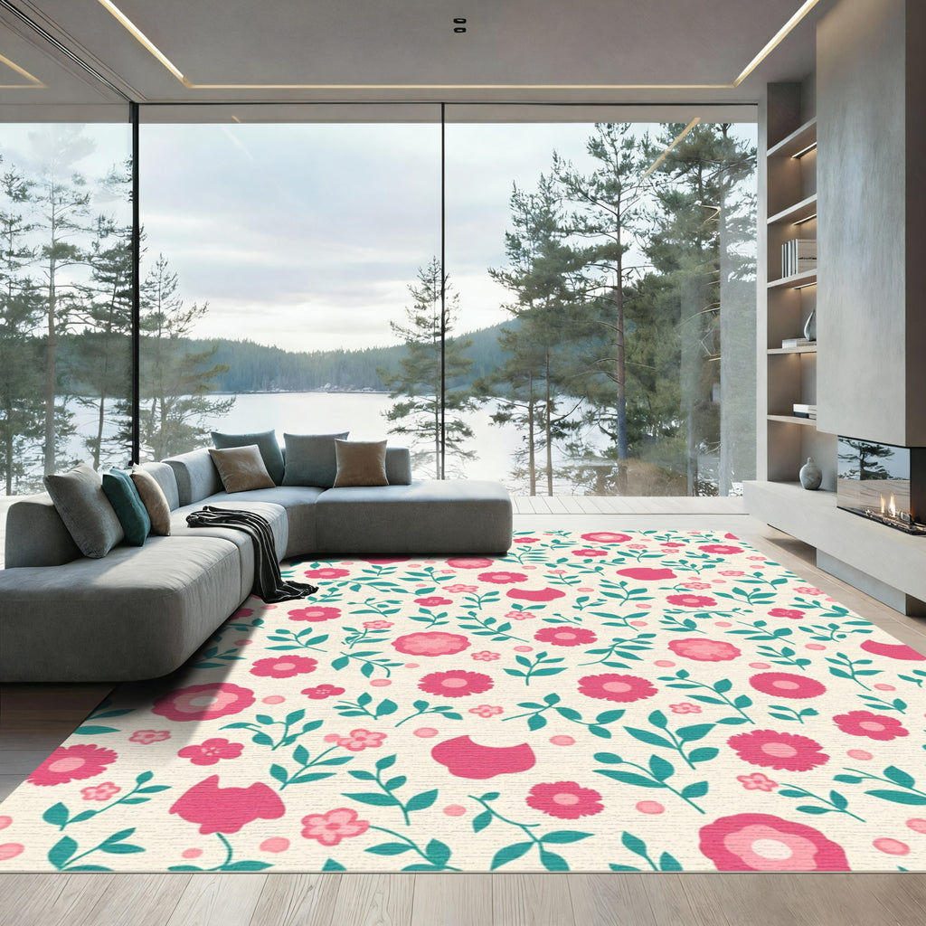 Pink Floral Vines On Cream Base Rug
