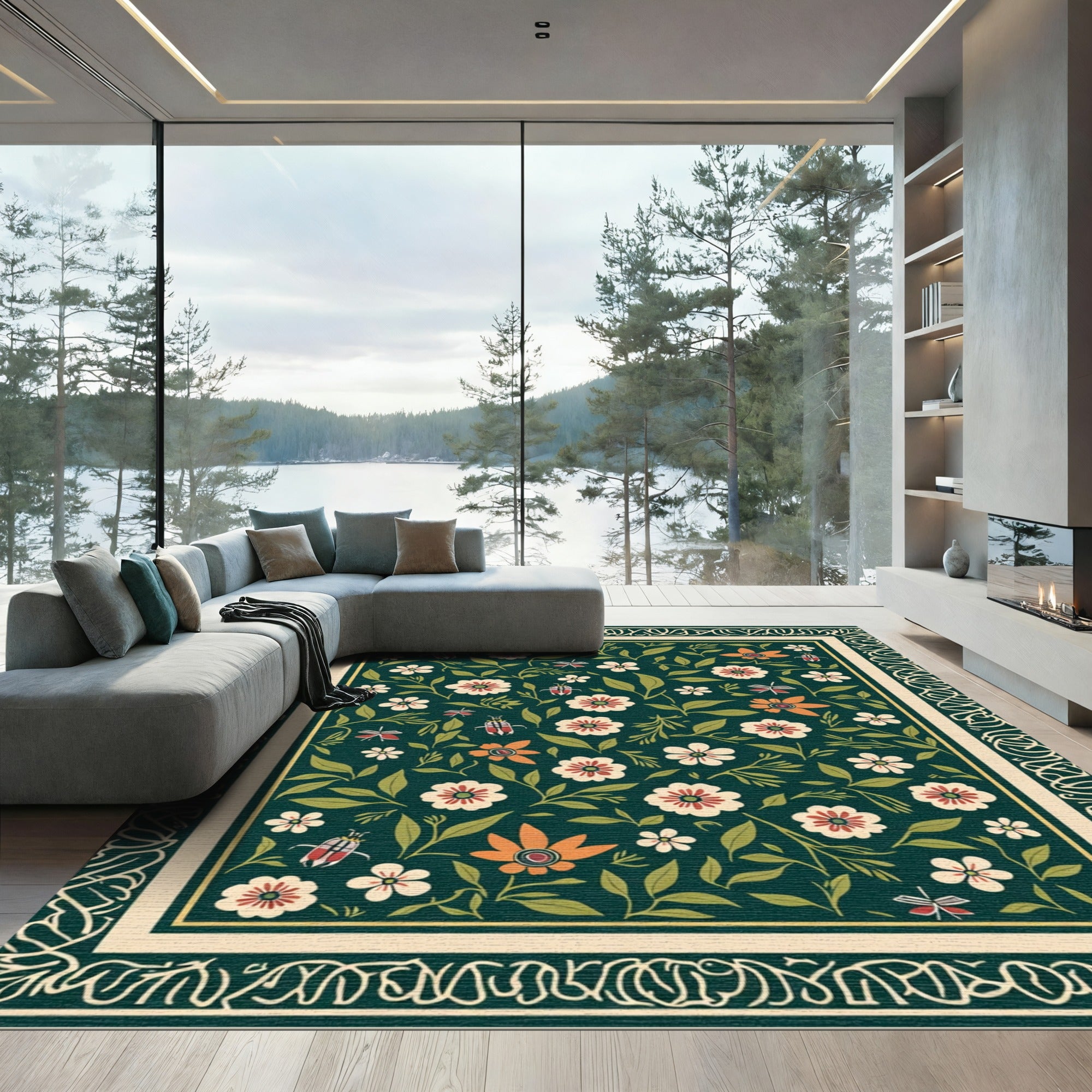 Green Floral Insect Botanical Bloom Rug