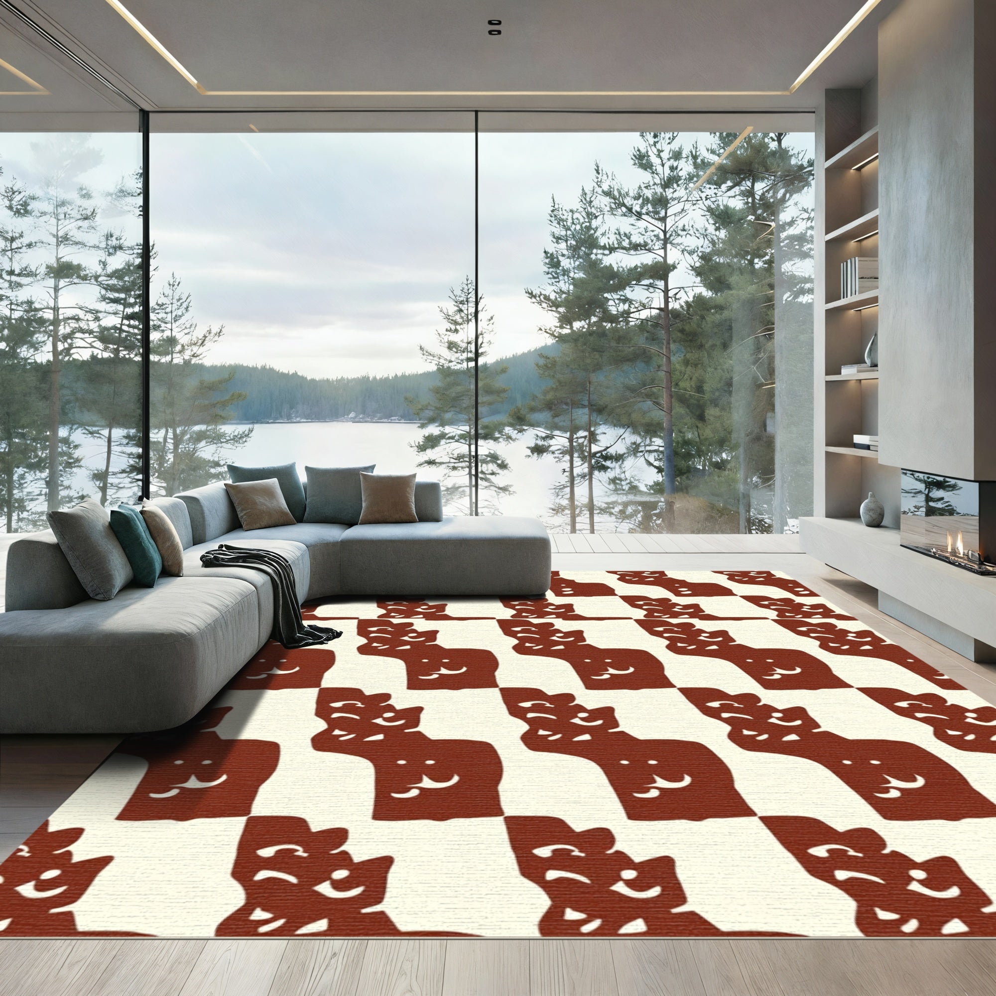 Whimsical Red Cat Grid Rug