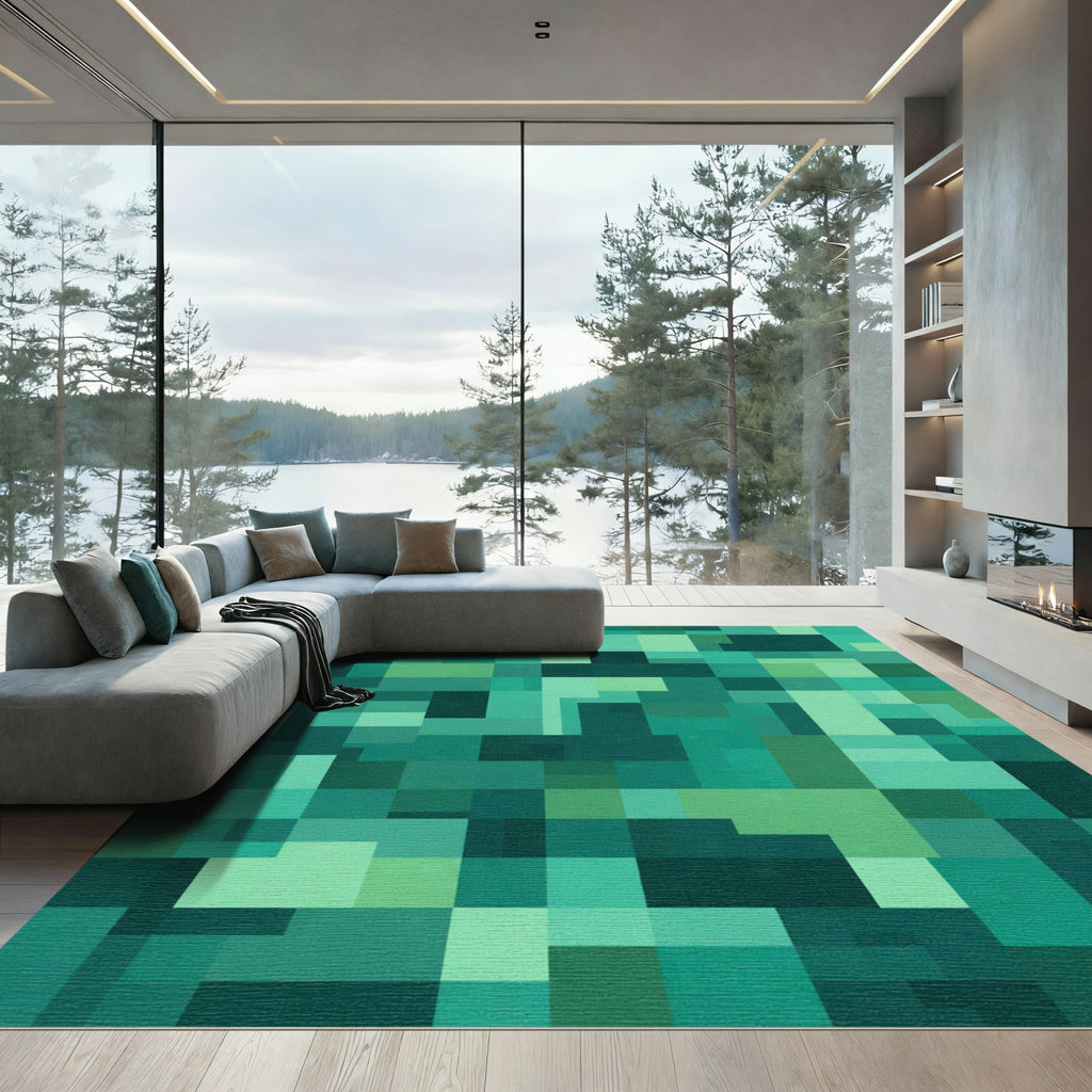 Emerald Green Abstract Geometric Blocks Rug