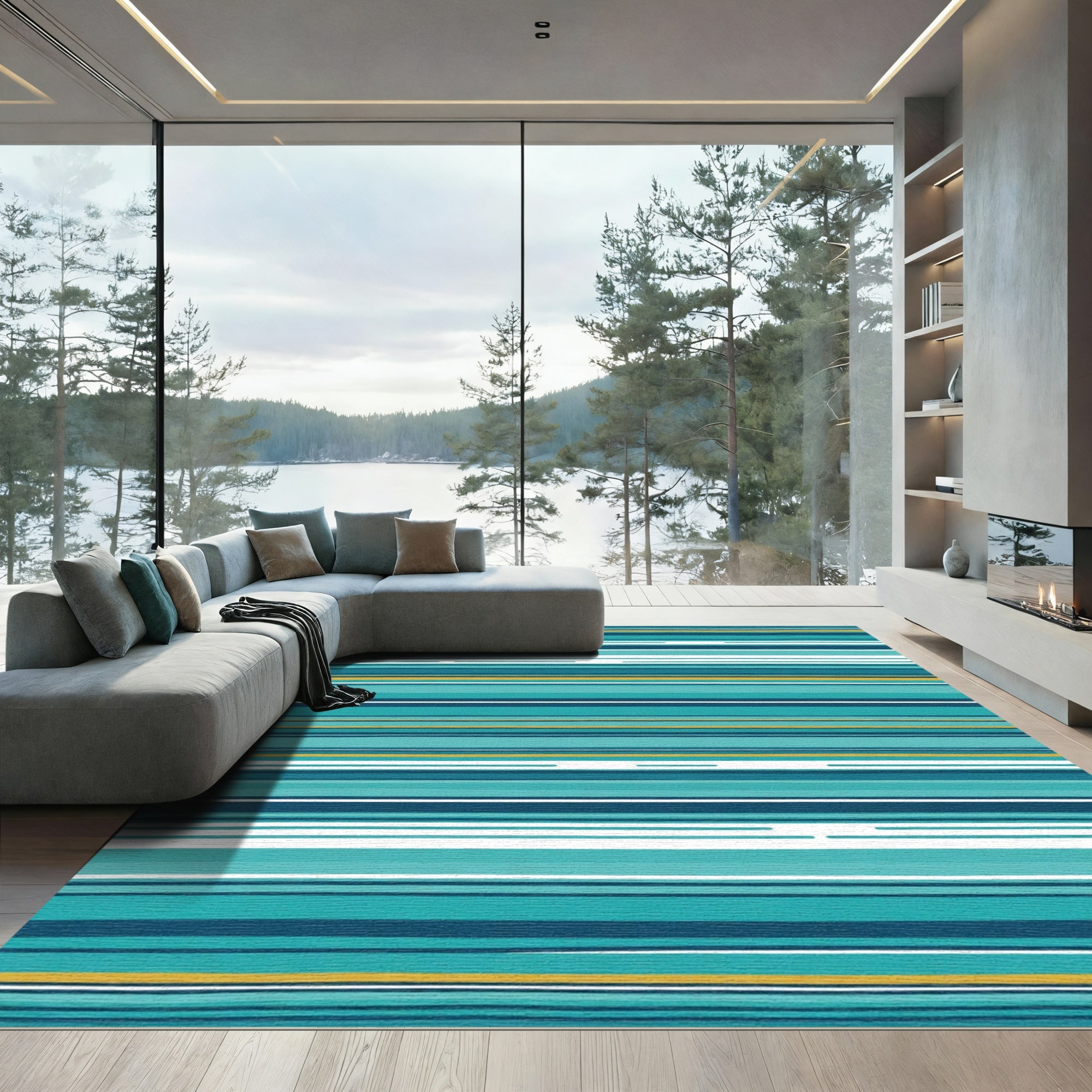 Turquoise Blue Yellow White Horizontal Stripes Rug