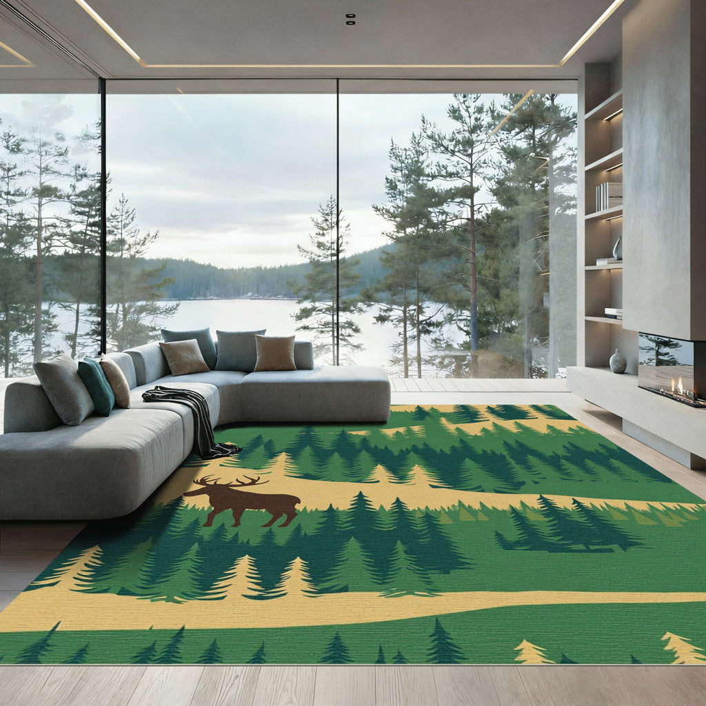 Deep Forest Deer Silhouette Landscape Rug