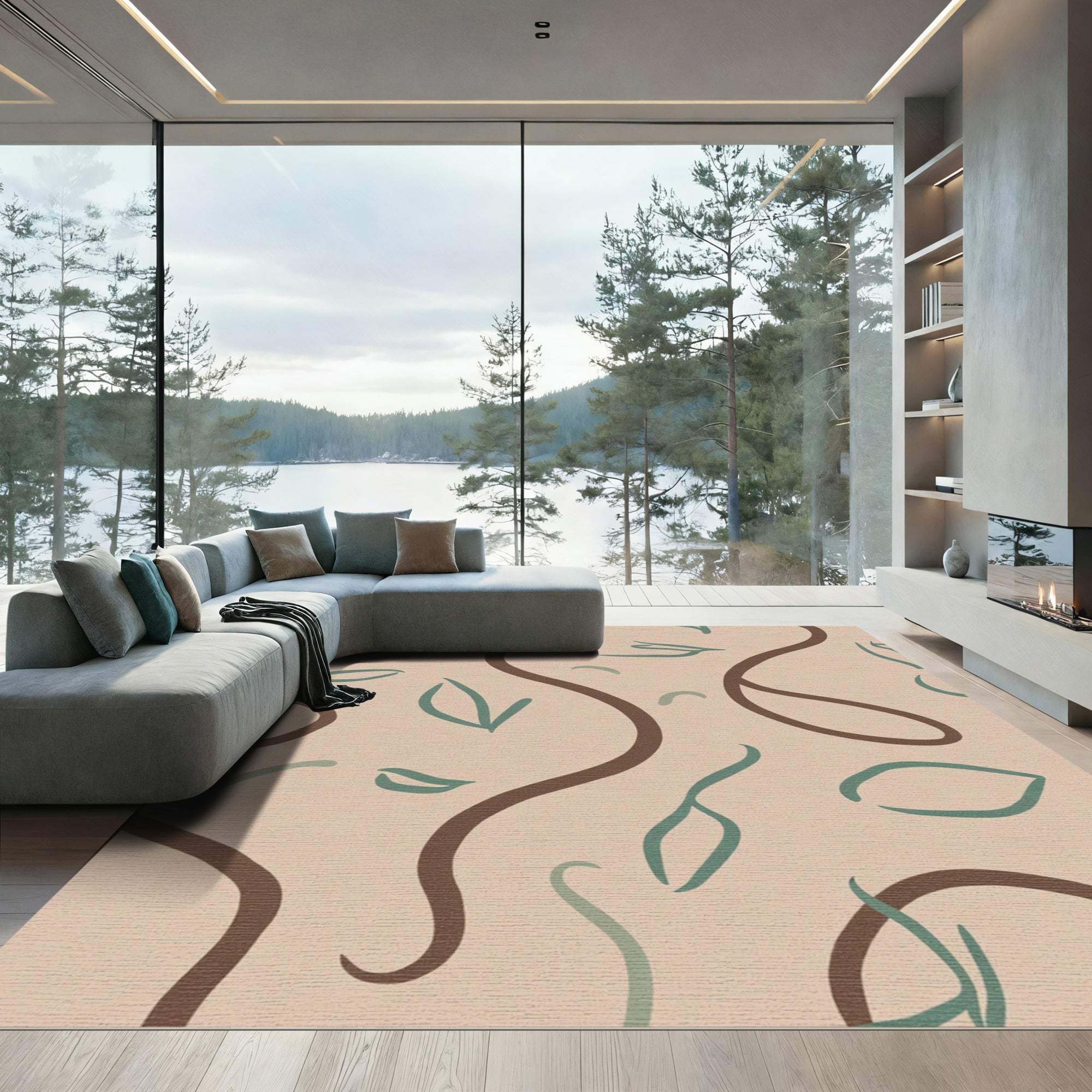 Beige Abstract Vine Leaf Rug
