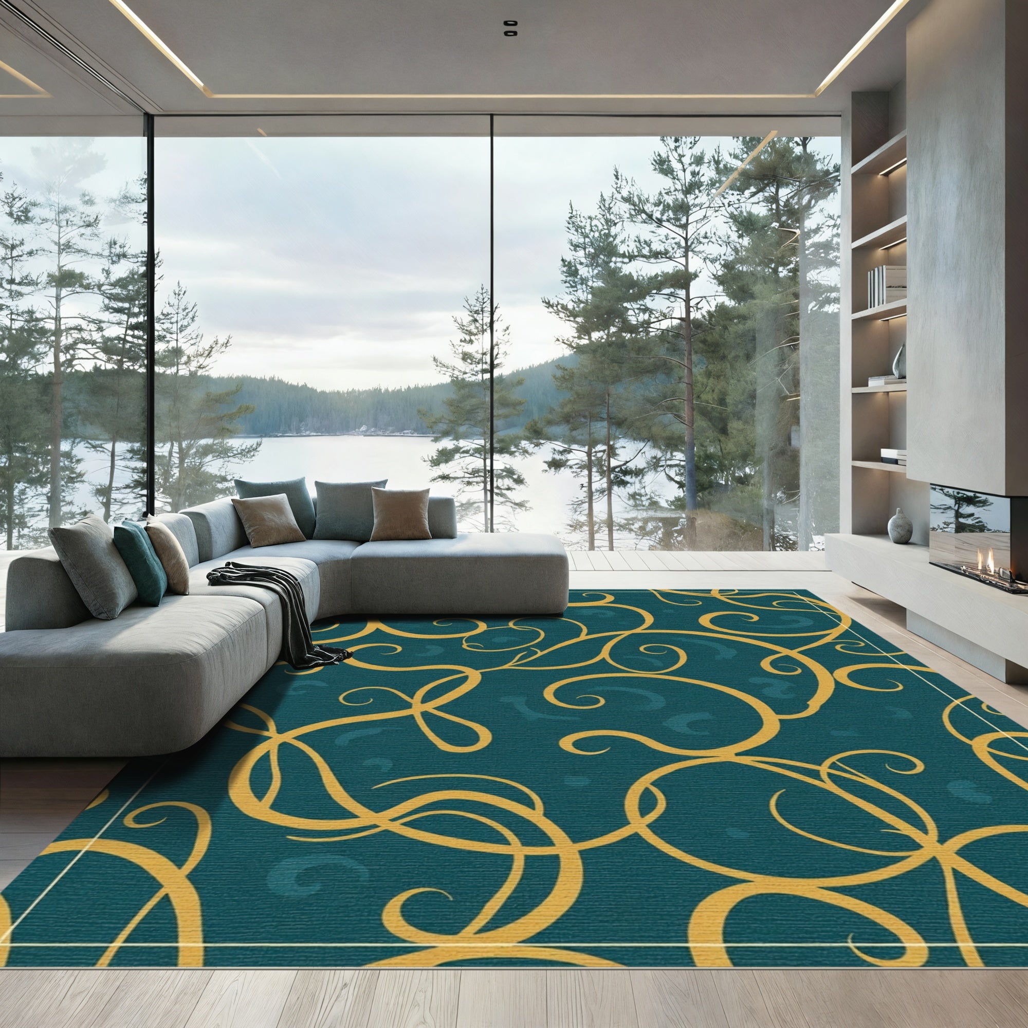 Teal Gold Swirling Vines Rug