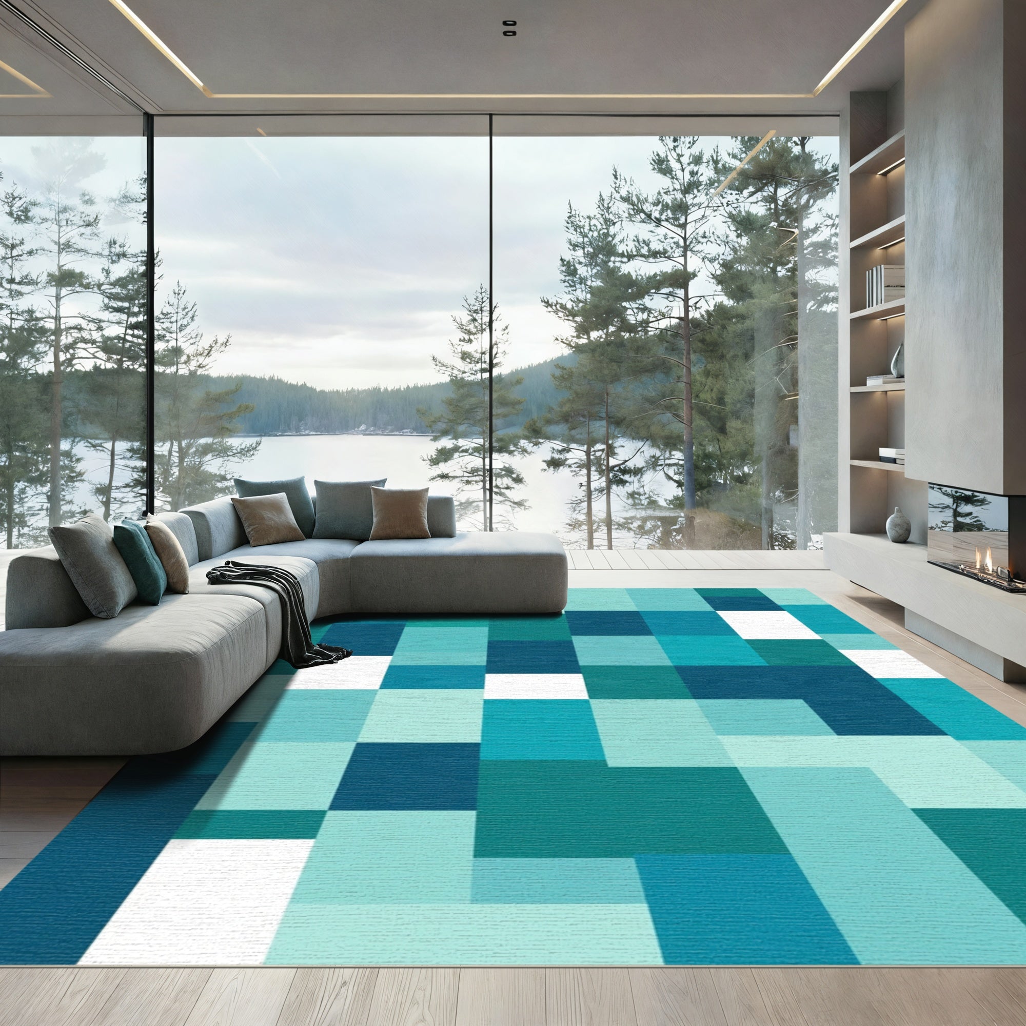 Abstract Teal Geometric Blocks Rug