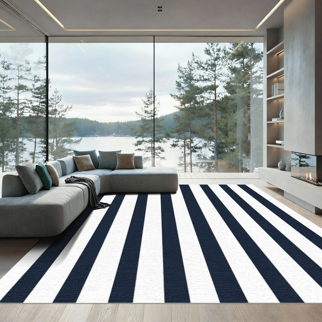 Classic Navy White Vertical Stripe Rug