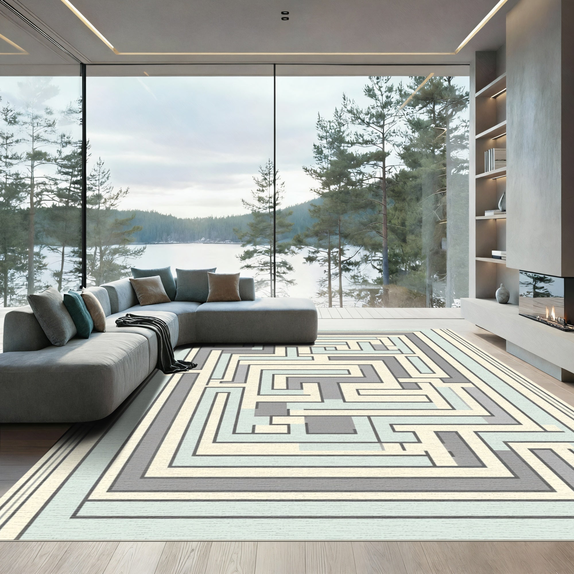 Pale Blue Gray Maze Geometric Lines Rug