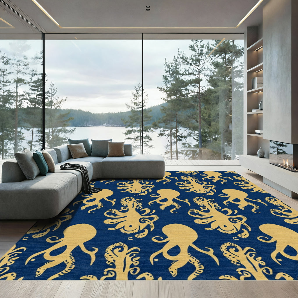 Golden Octopus Navy Blue Repeating Rug