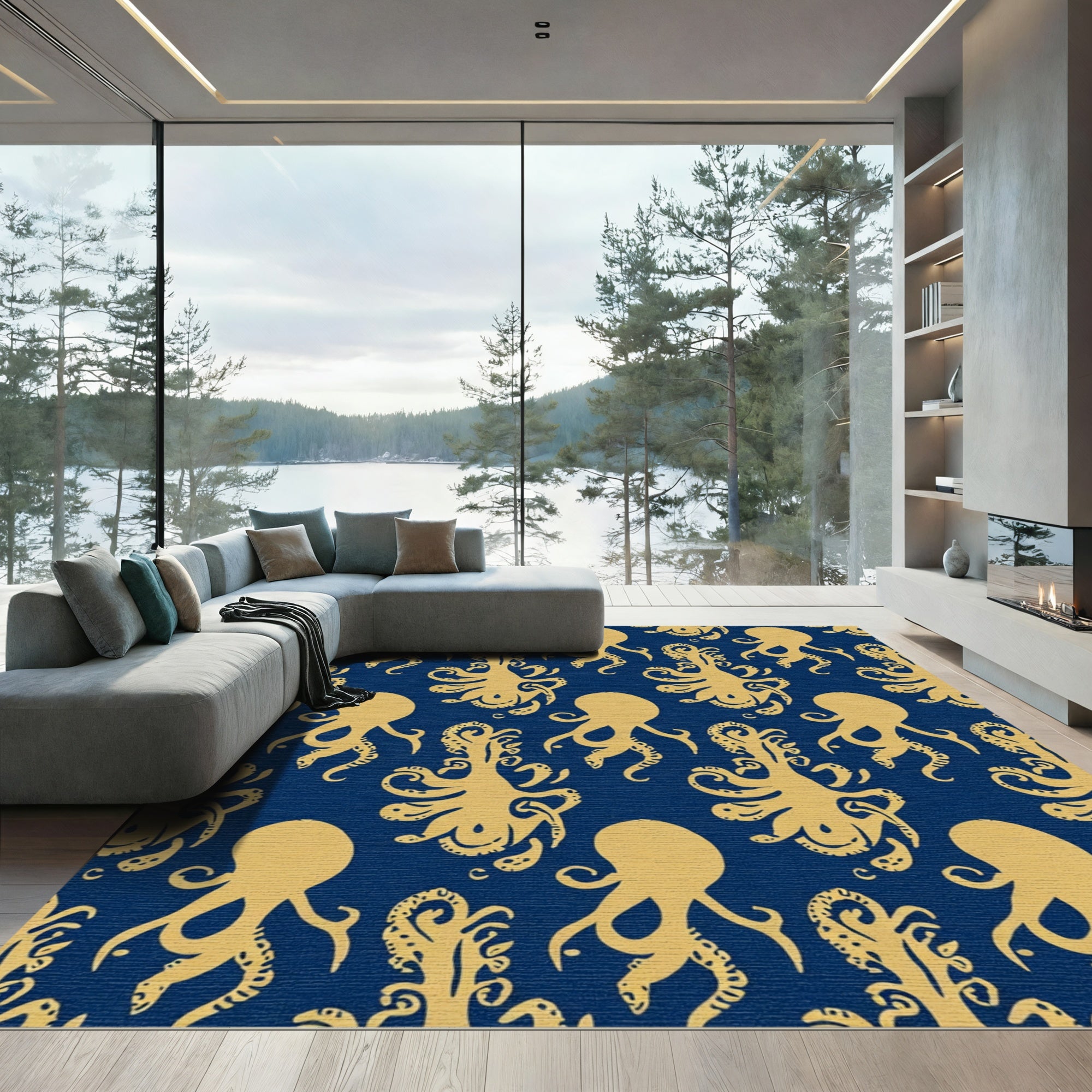 Golden Octopus Navy Blue Repeating Rug