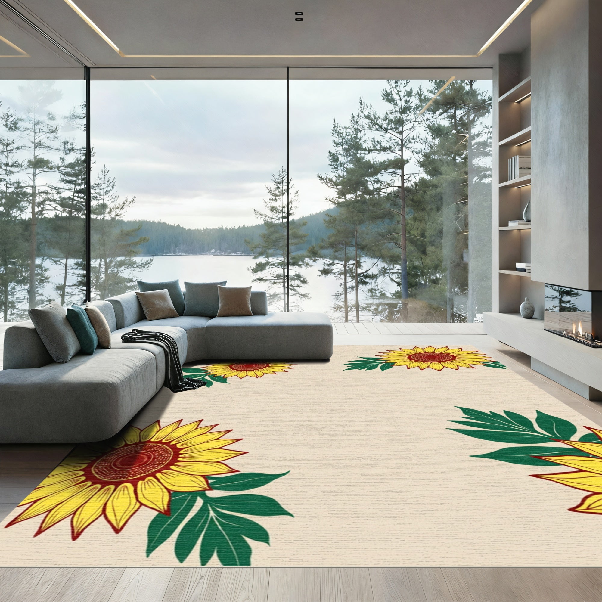Bright Yellow Sunflower Border Rug