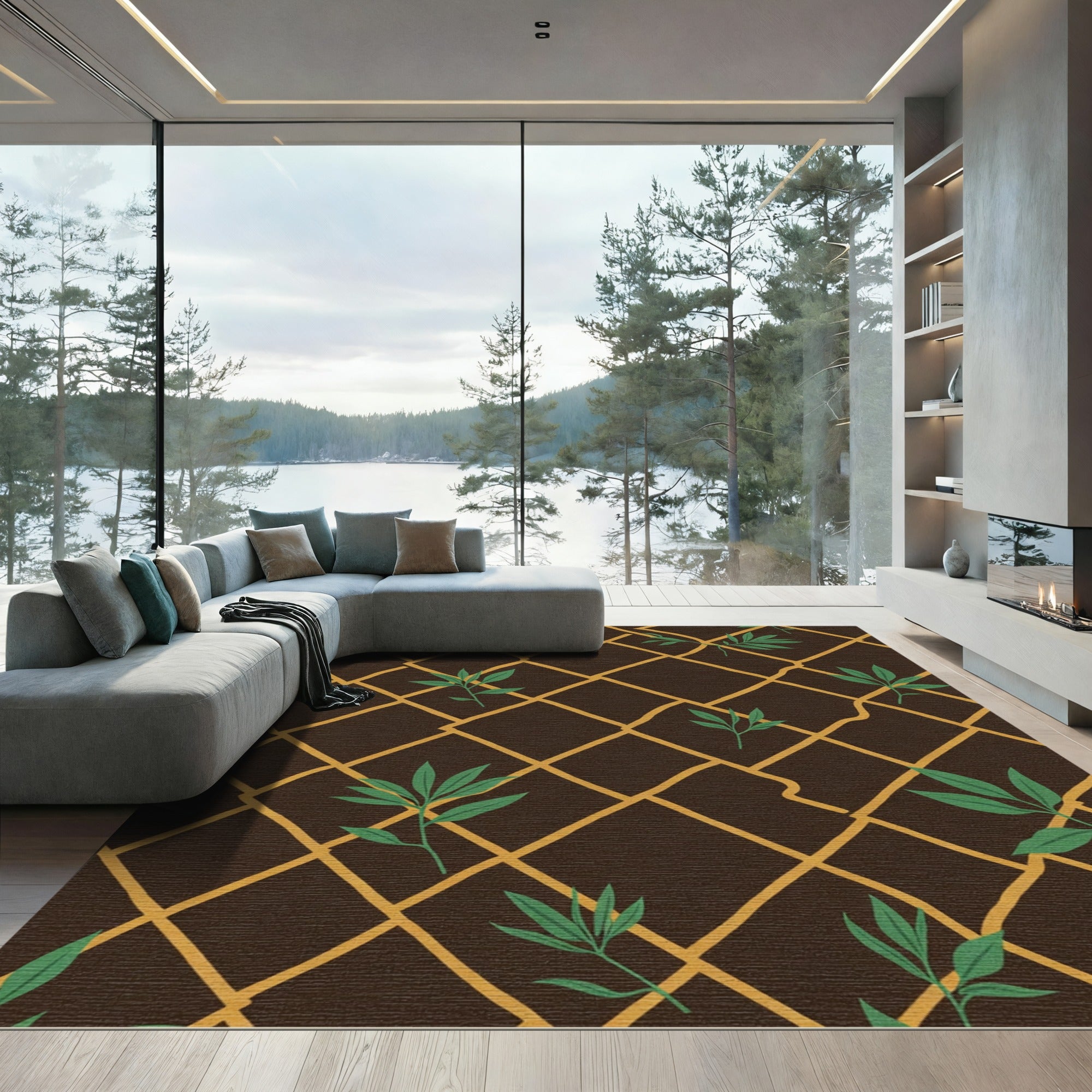 Brown Gold Lattice Green Leaf Rug