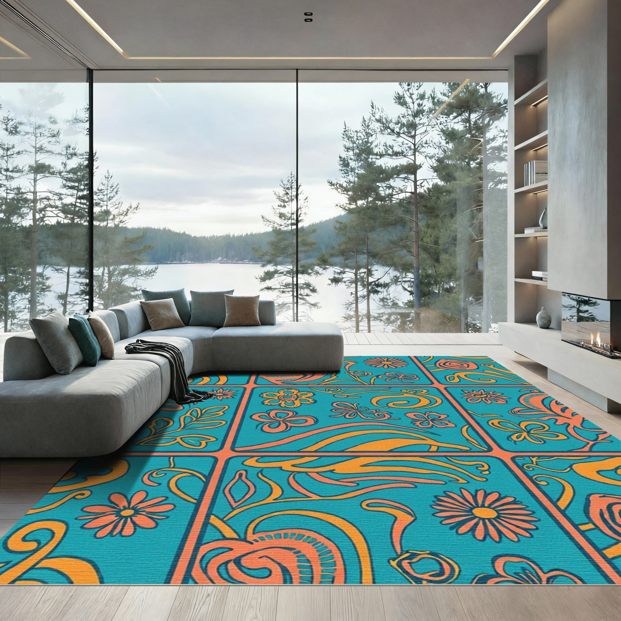 Retro Teal Orange Floral Swirl Rug