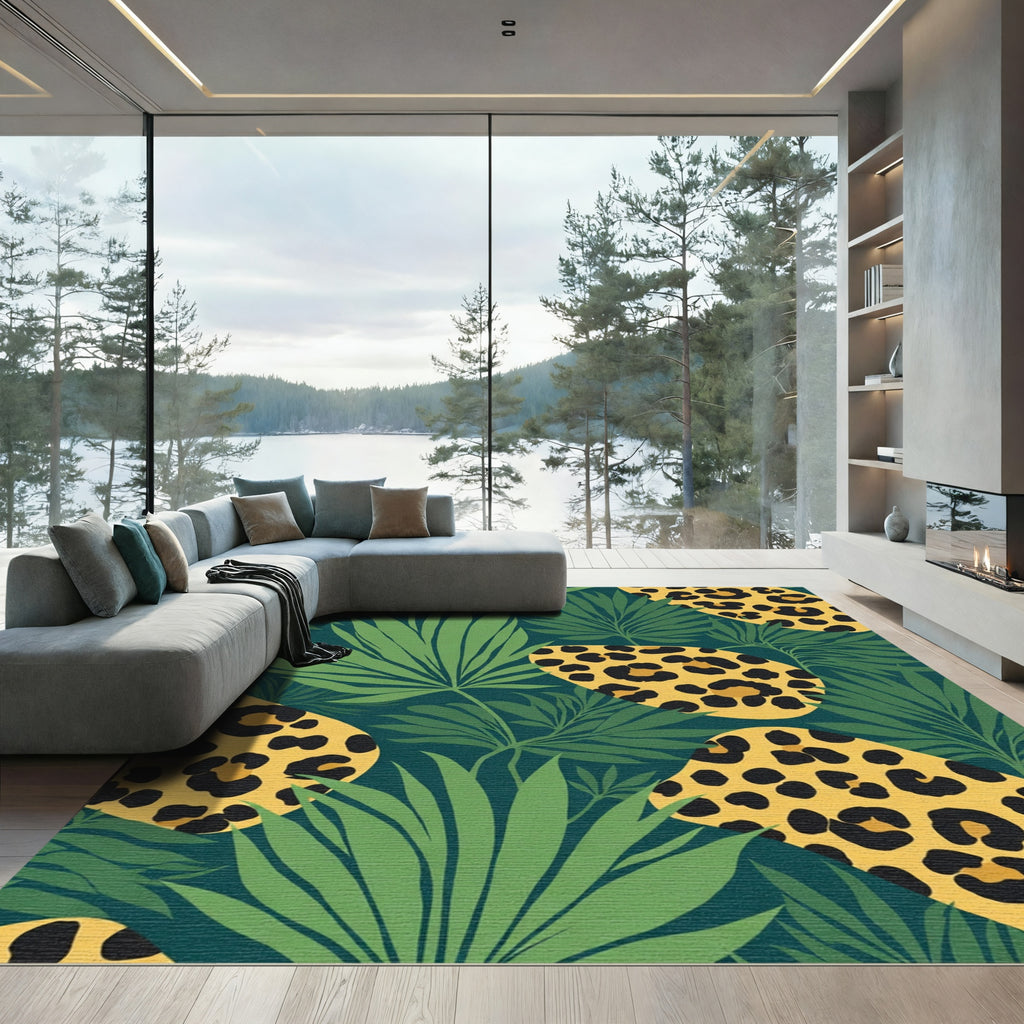 Exotic Green Tropical Leopard Shapes Rug