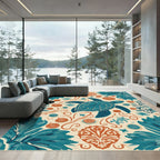 Deep Teal Turtle Shell Coastal Folk Art Rug