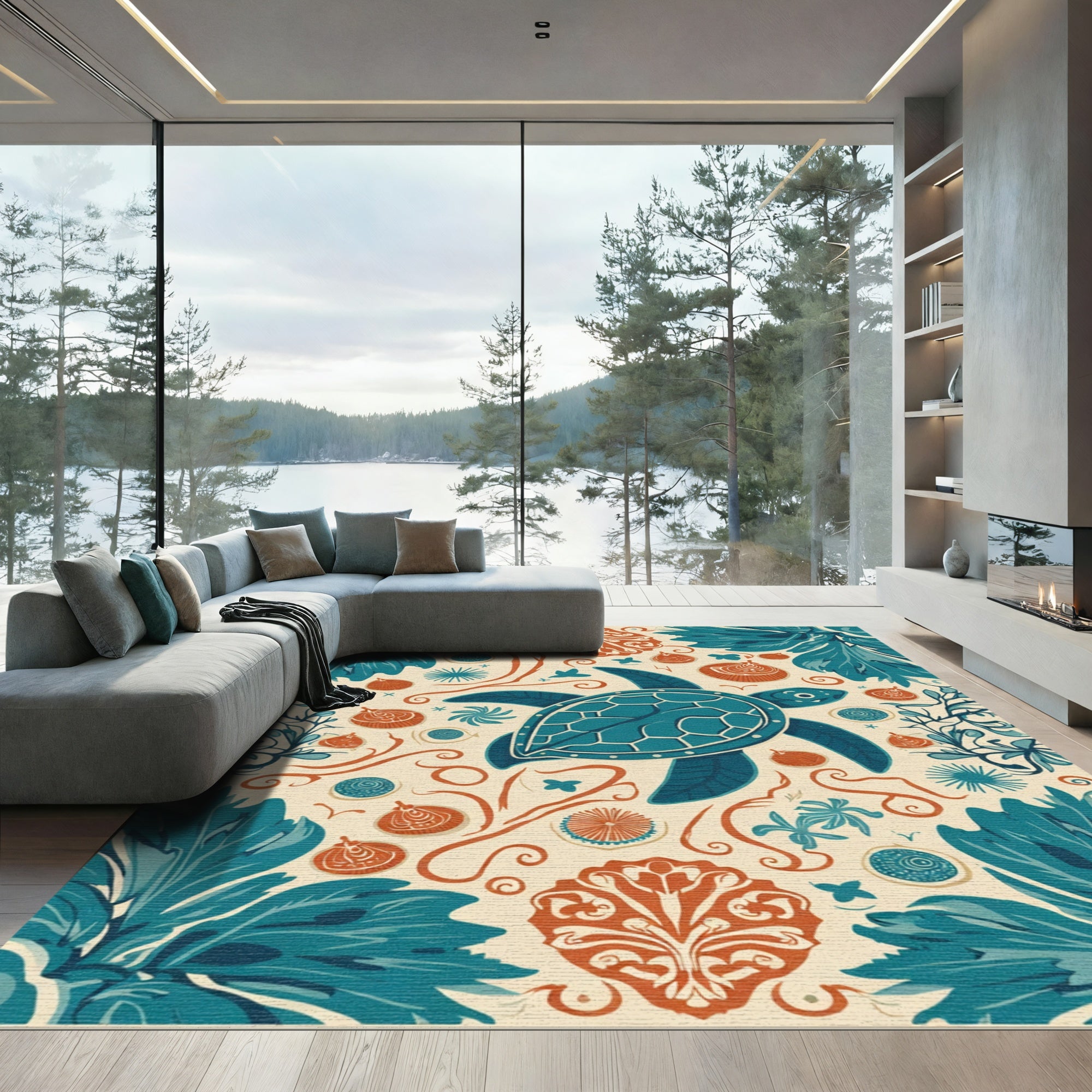 Deep Teal Turtle Shell Coastal Folk Art Rug