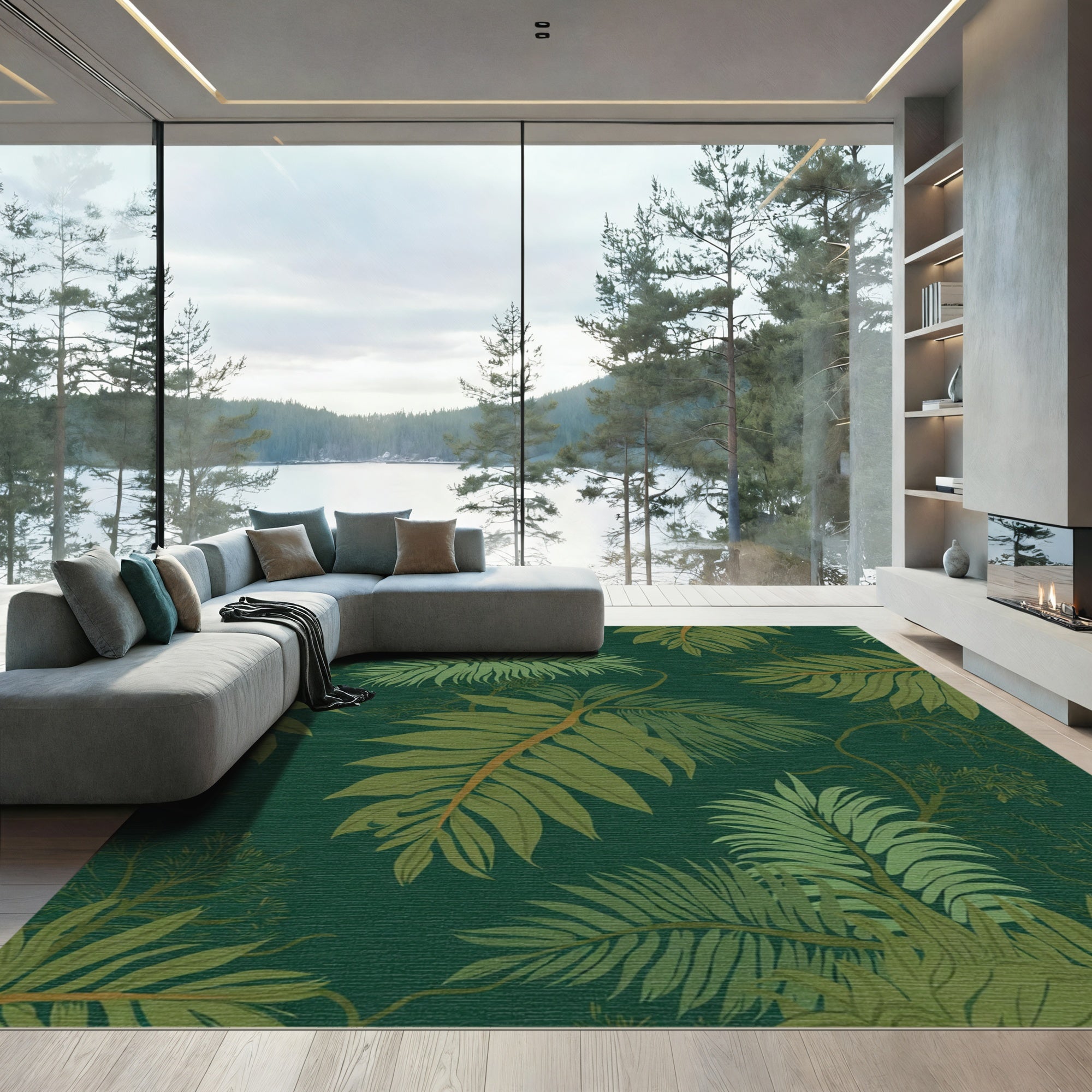 Deep Green Tropical Palm Leaf Rug
