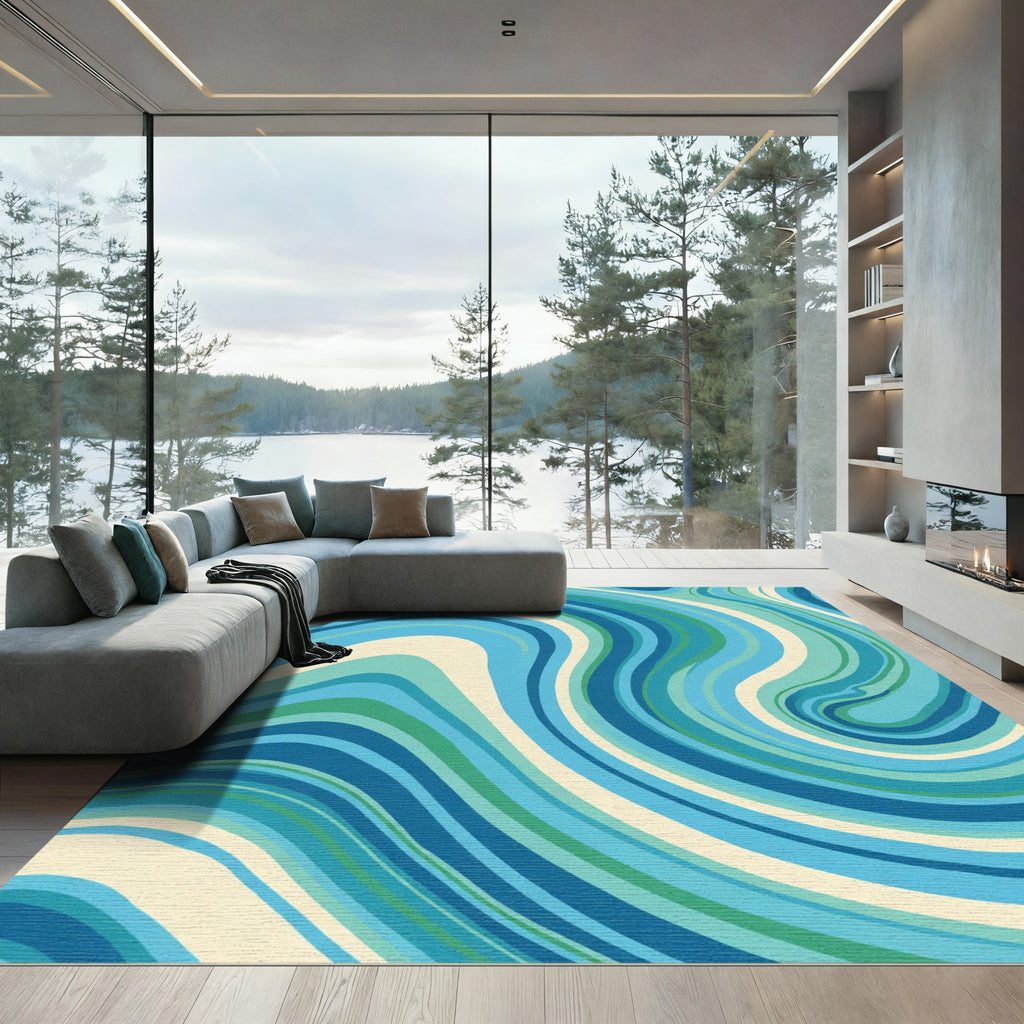 Coastal Blue Green Swirling Lines Rug