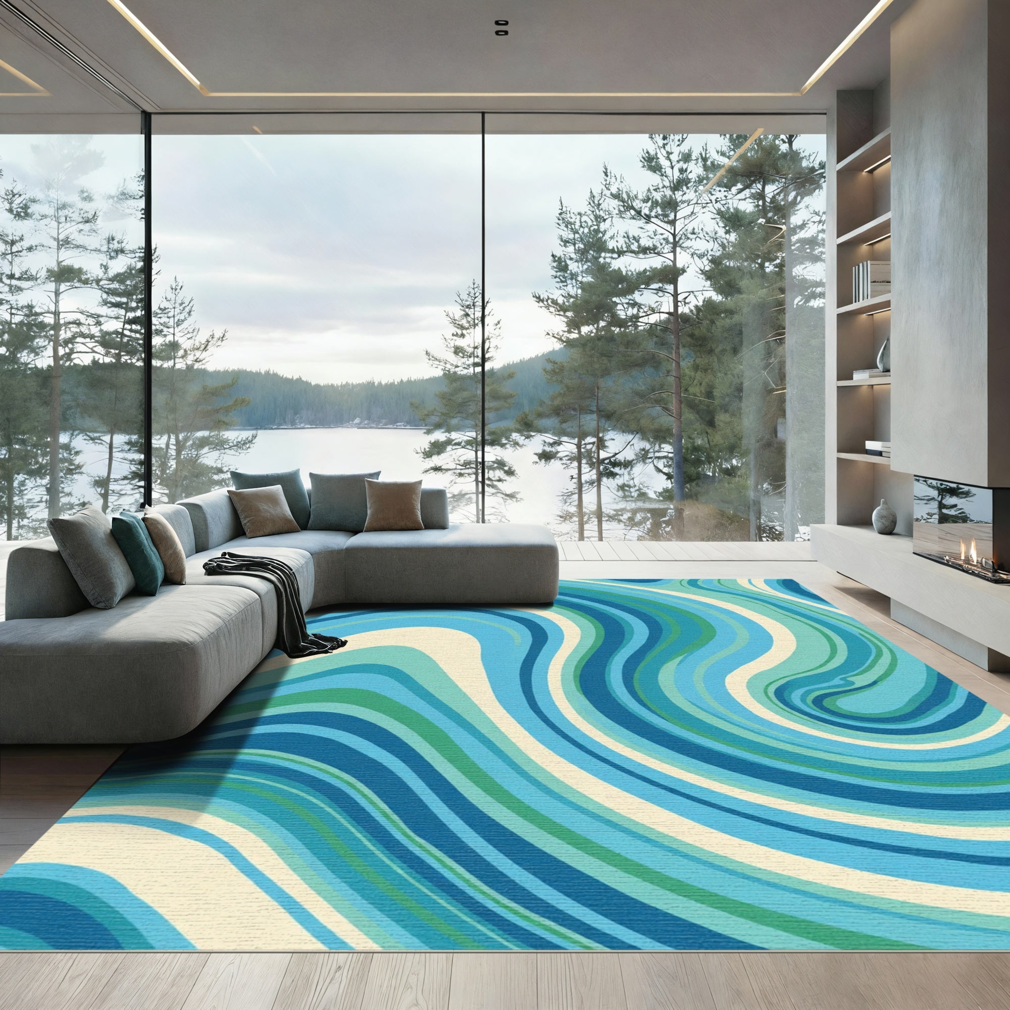Coastal Blue Green Swirling Lines Rug