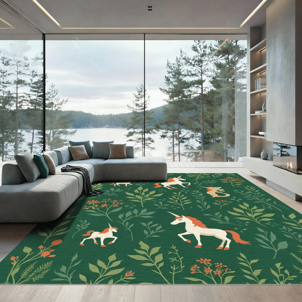Mystical Green Unicorn Floral Meadow Rug