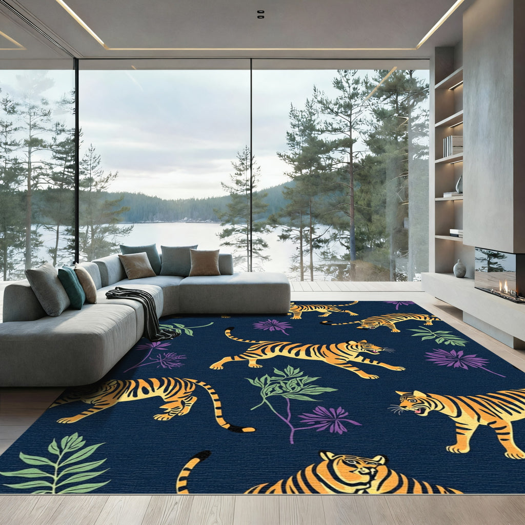 Savage Tigers Jungle Foliage Dark Rug