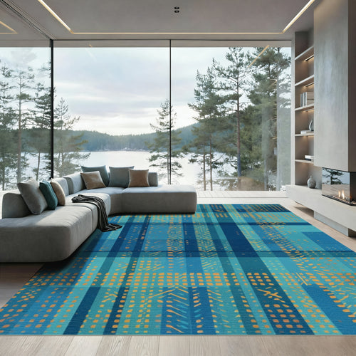 Abstract Blue Orange Plaid Rectangle Overlay Rug
