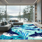 Playful Dark Blue Shark Water Splash Rug