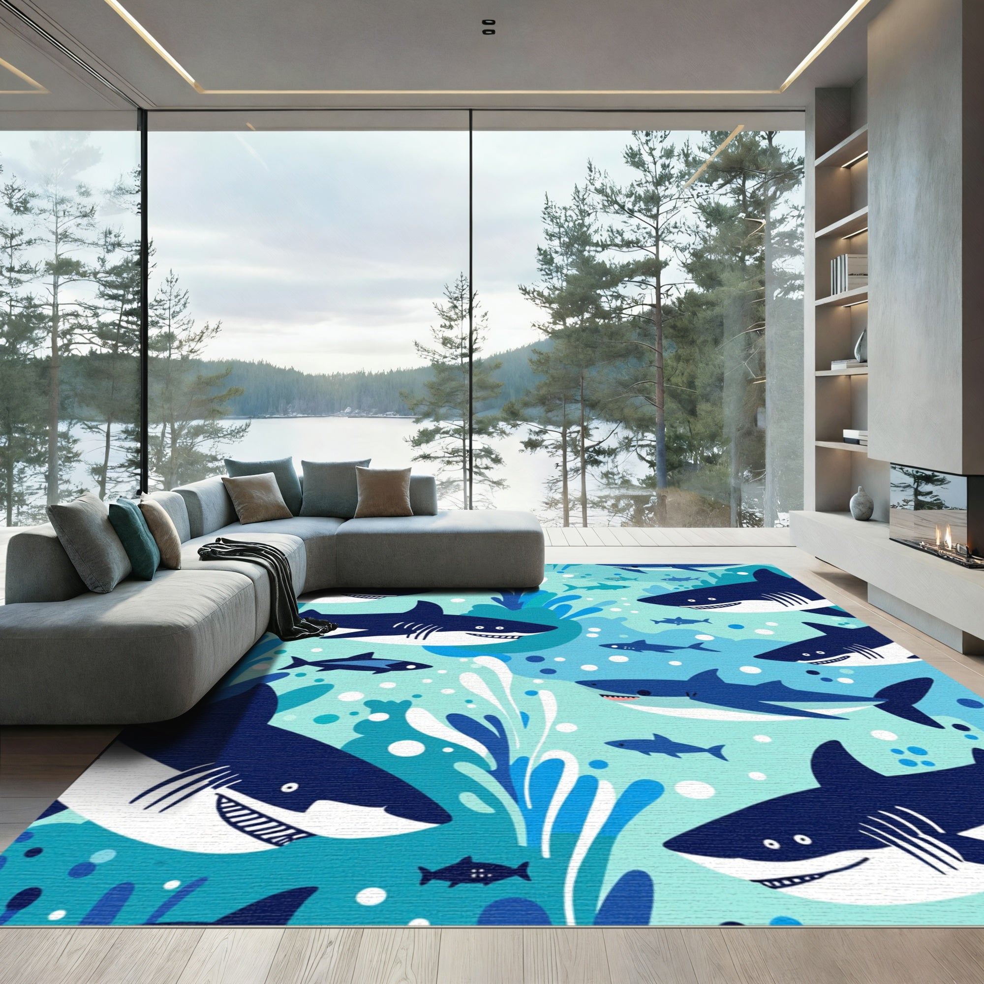 Playful Dark Blue Shark Water Splash Rug