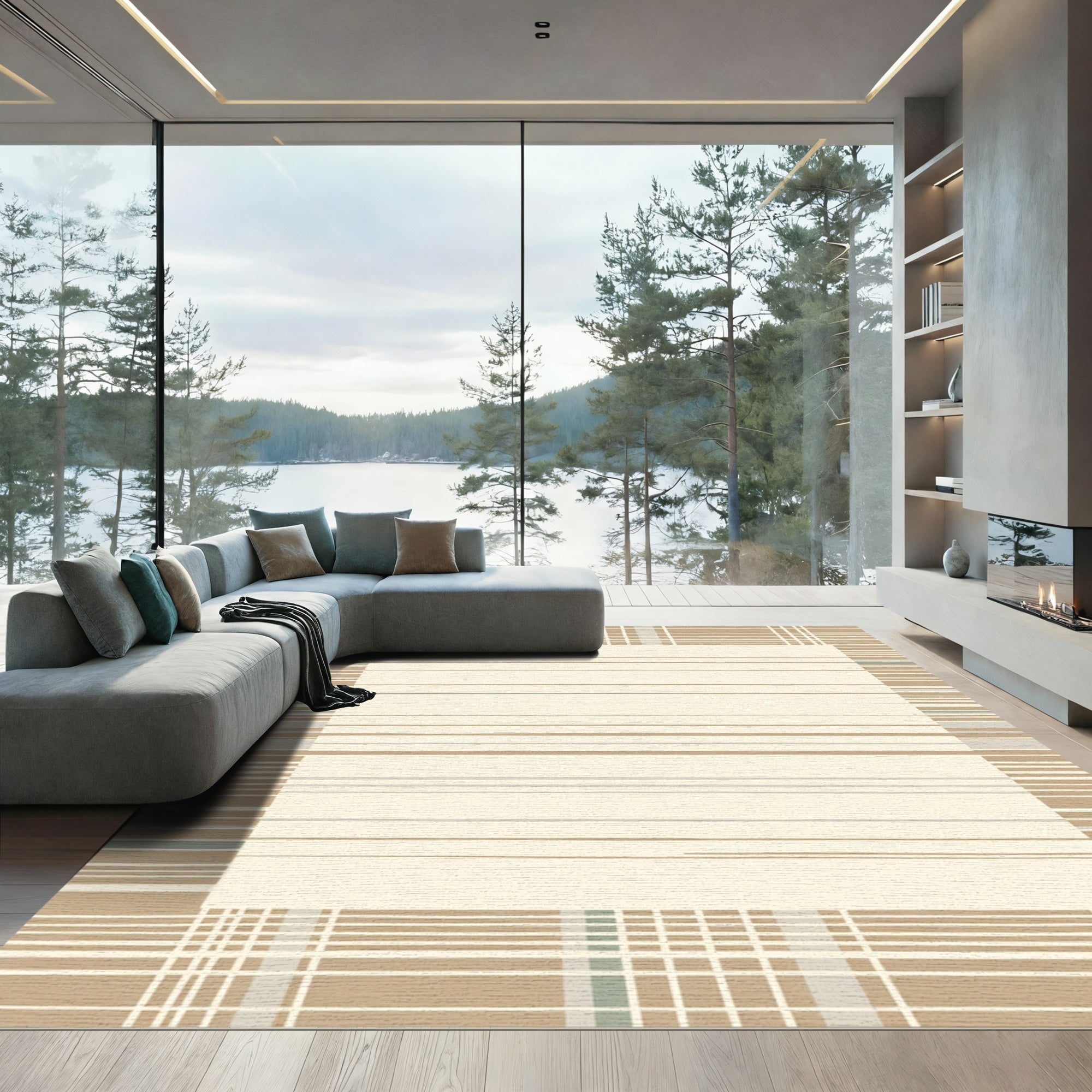Neutral Tones Wide Striped Border Rug