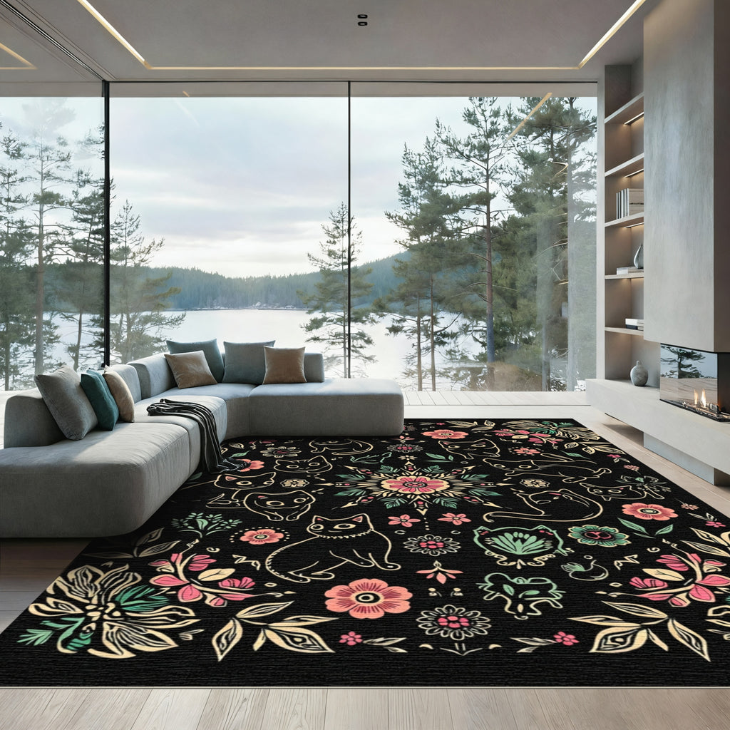 Whimsical Black Floral Cat Medallion Rug
