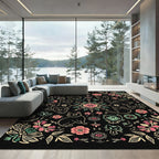 Whimsical Black Floral Cat Medallion Rug