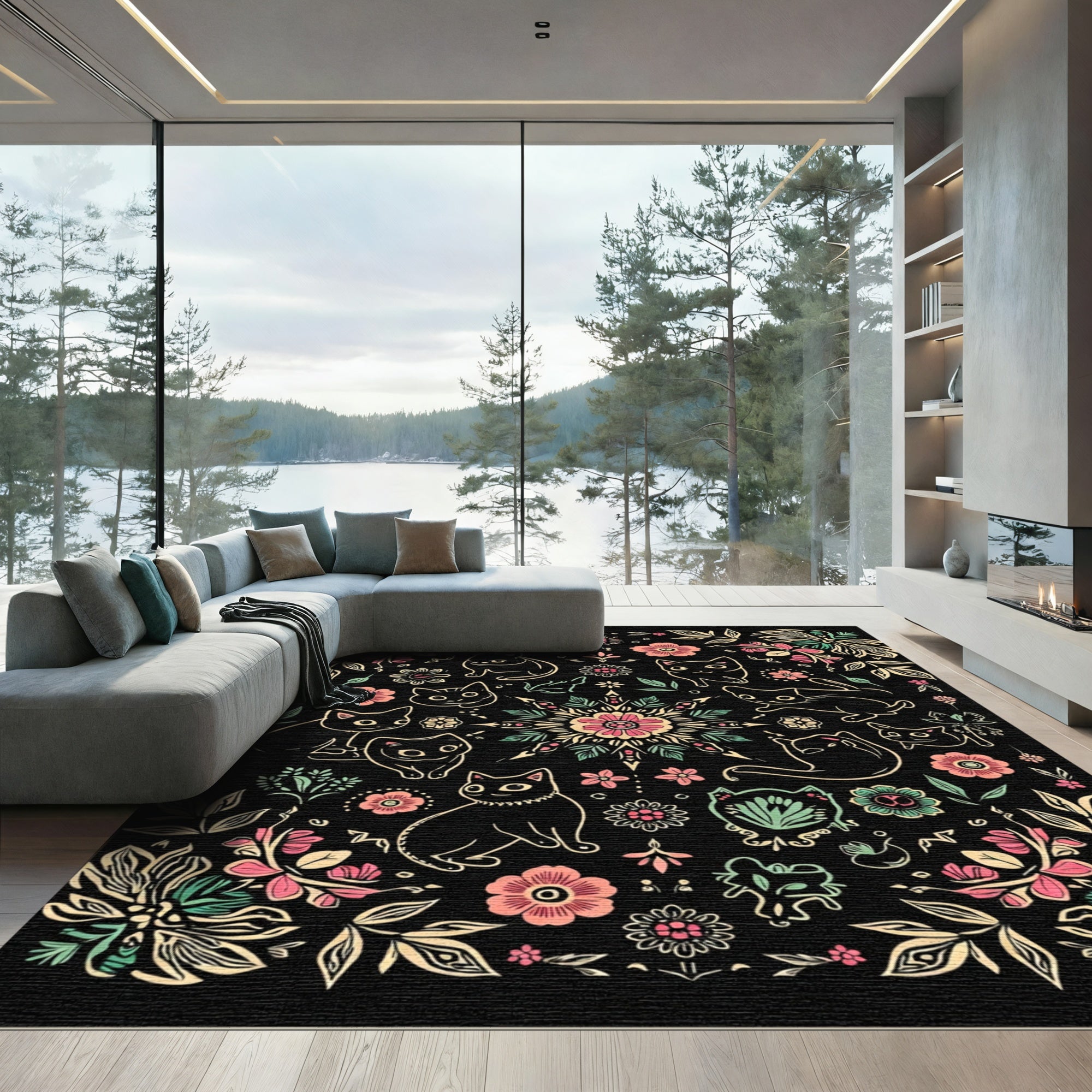 Whimsical Black Floral Cat Medallion Rug
