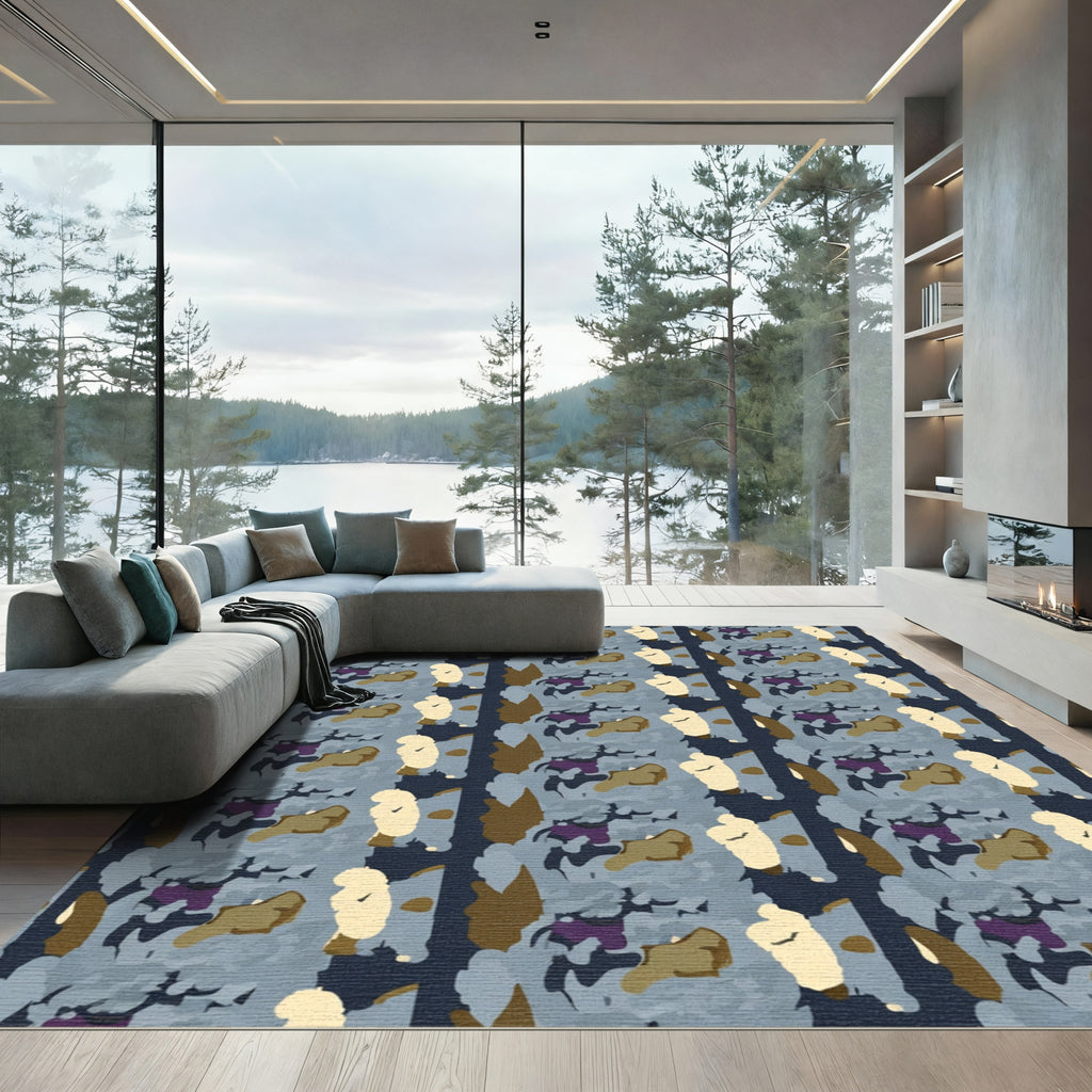 Abstract Camouflage Blues Beige Brown Rug