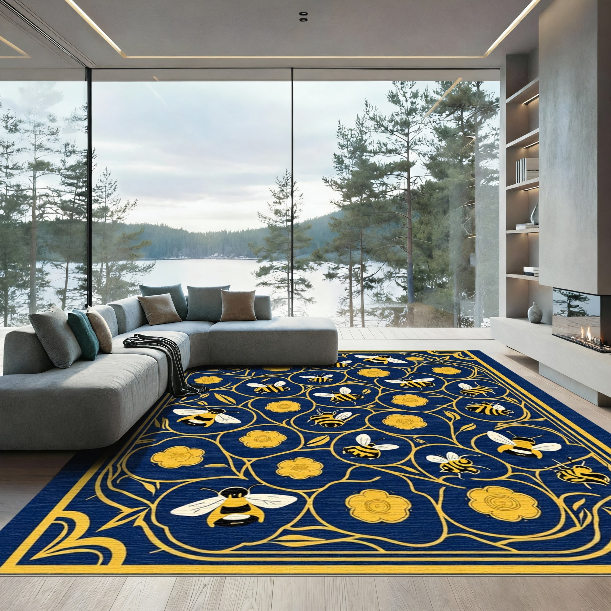 Naval Blue Yellow Bee Floral Meadow Rug