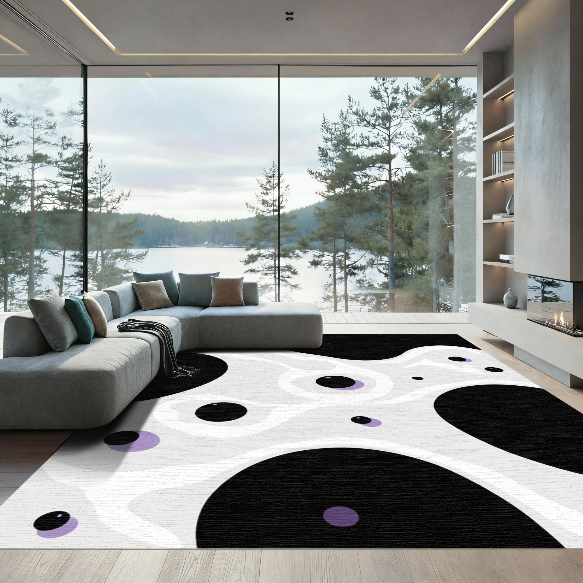 Black and Lavender Blob Abstract Rug