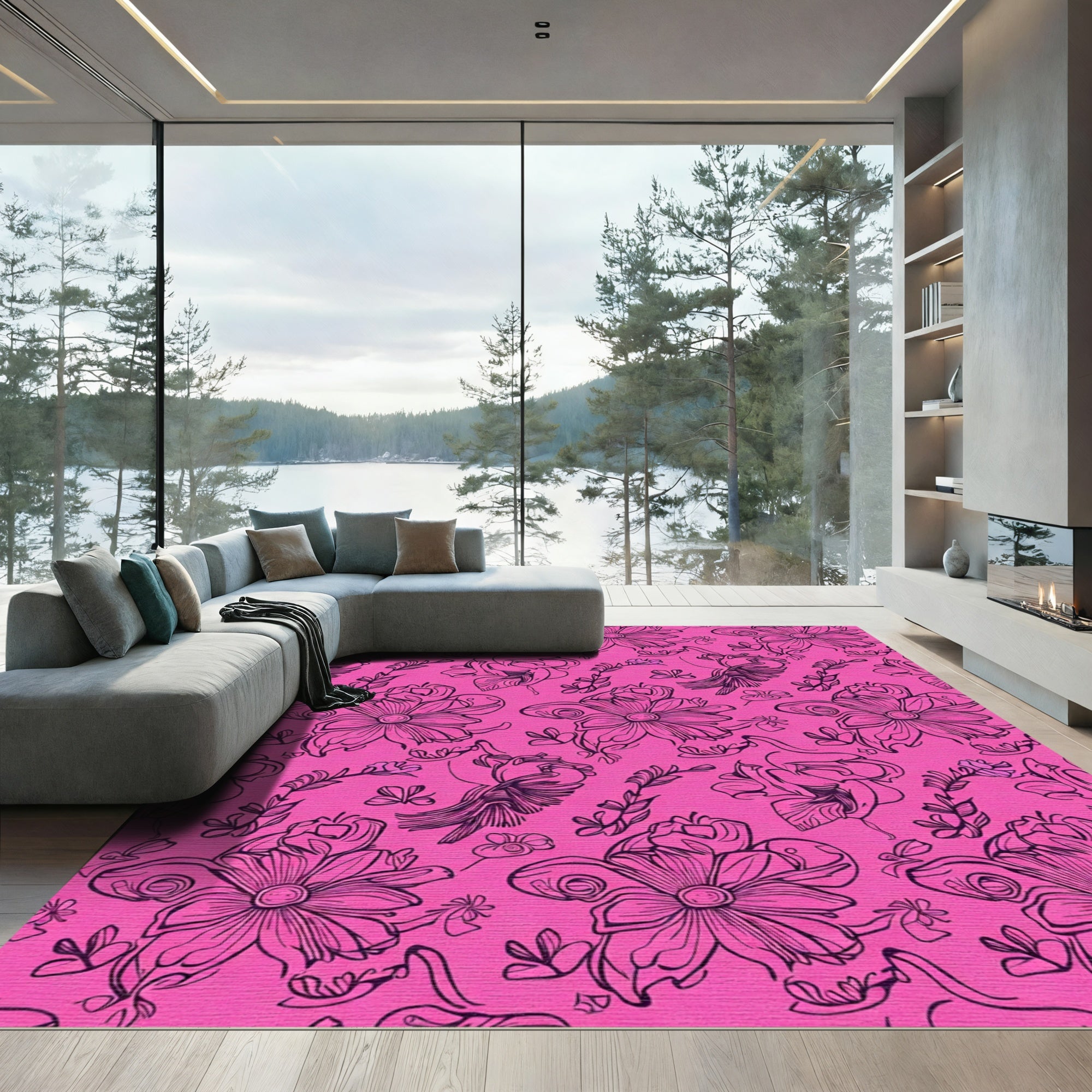 Vibrant Pink Outline Floral Cluster Rug