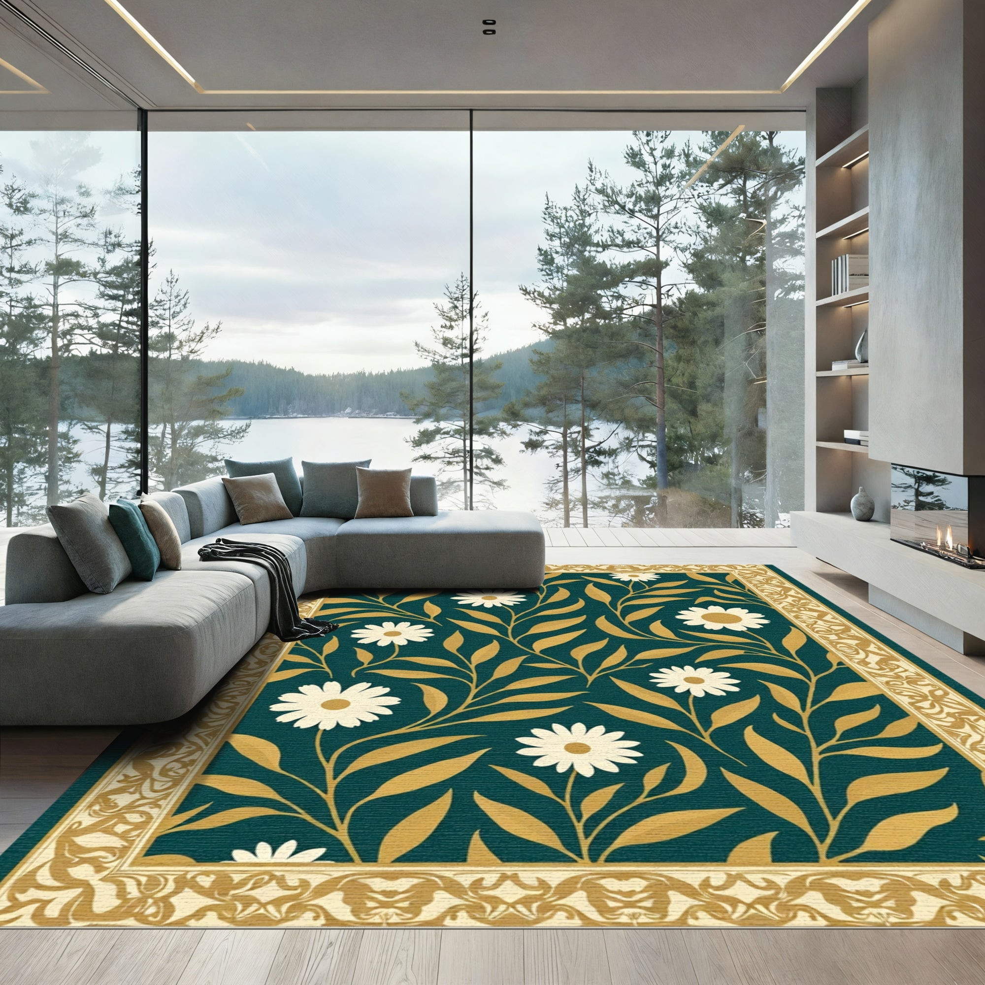 Dark Teal Daisy Vine Border Rug
