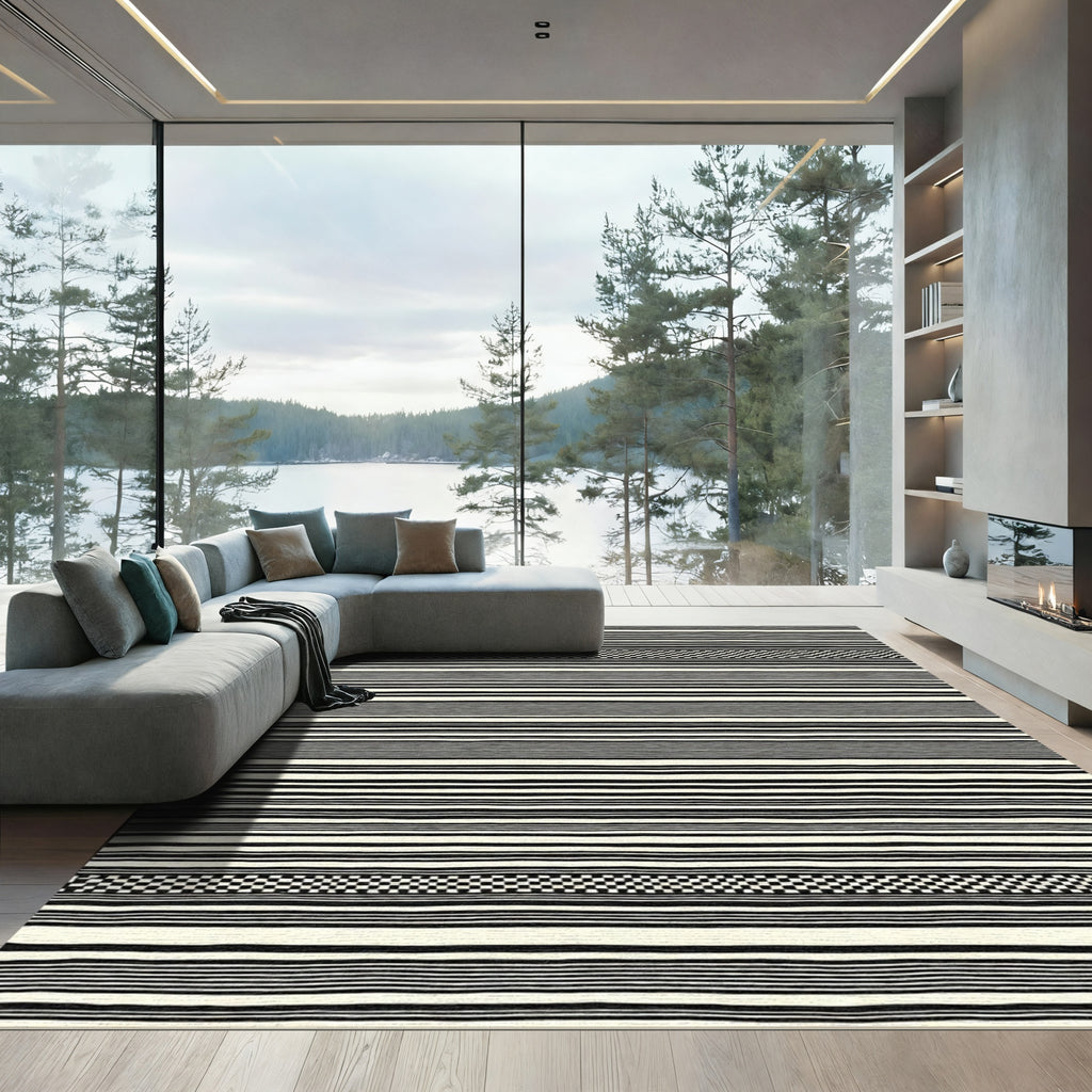 Modern Black White Striped Checkerboard Rug