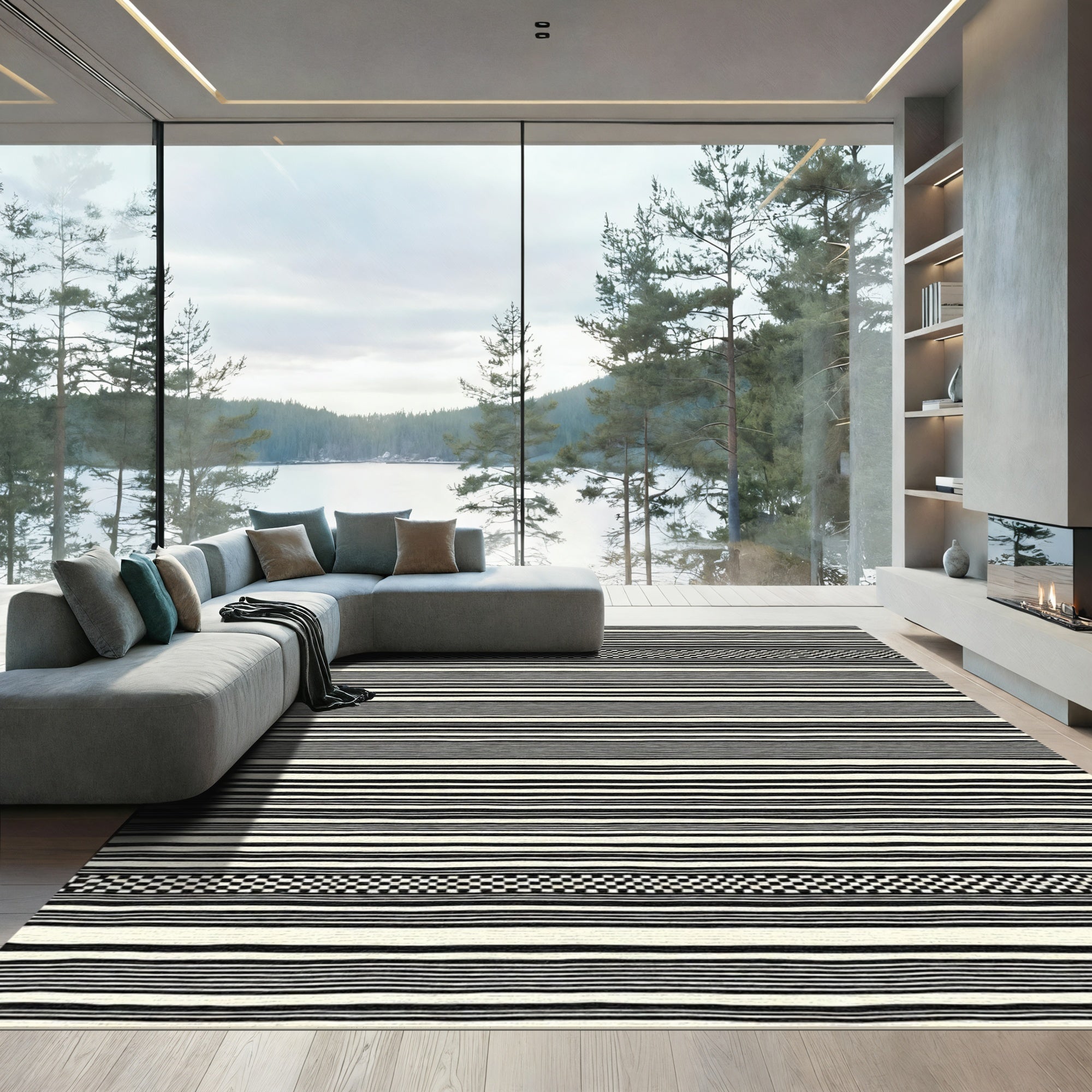 Modern Black White Striped Checkerboard Rug