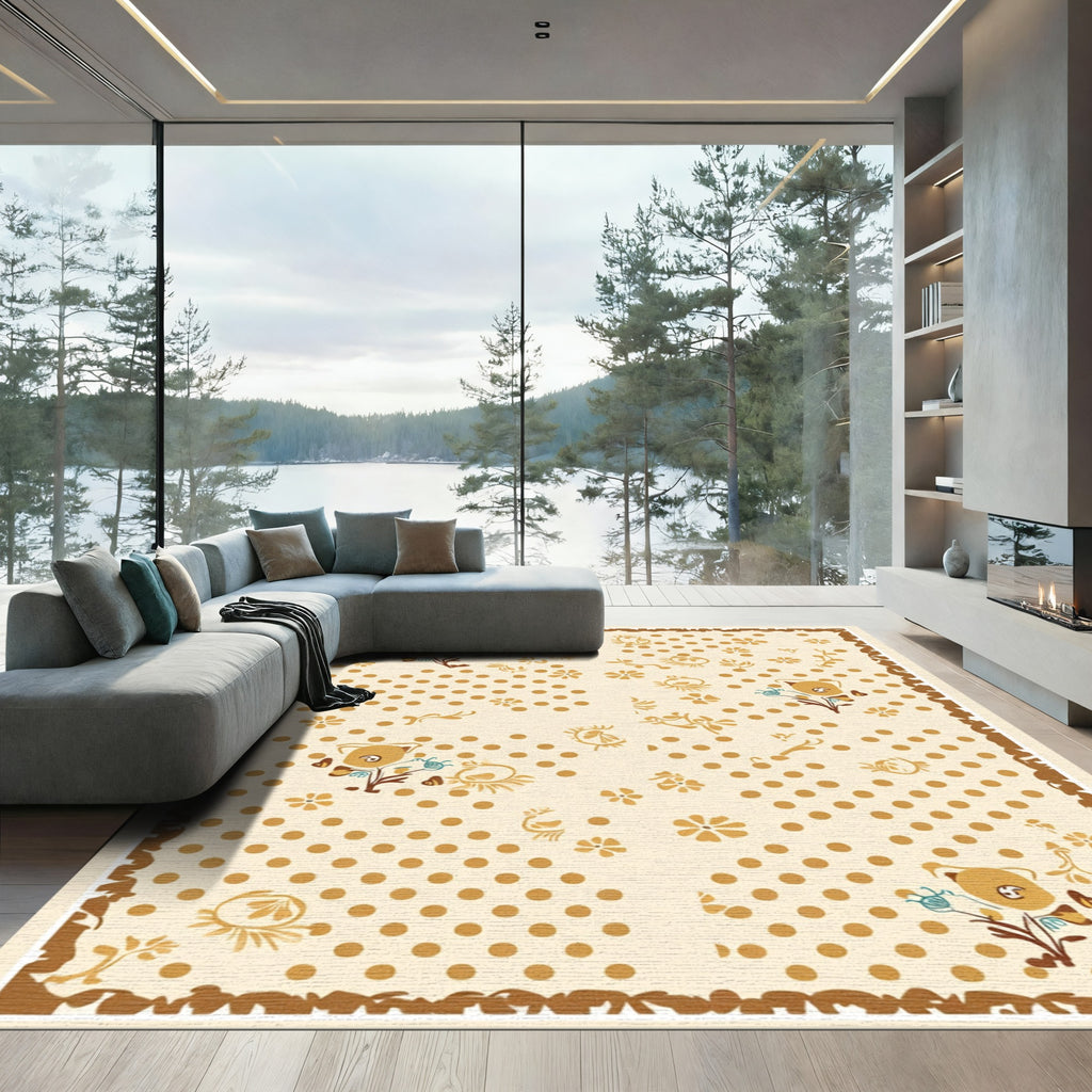 Whimsical Tan Floral Polka Dot Rug