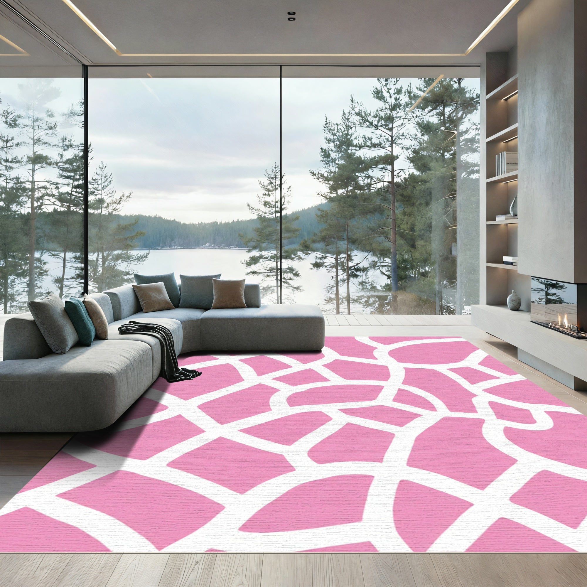 Pink White Organic Shape Network Rug