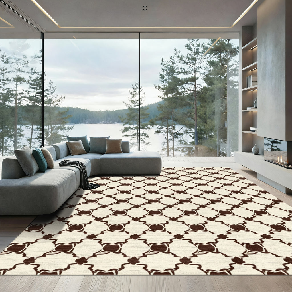 Ornate Beige Dark Overlay Geometric Rug