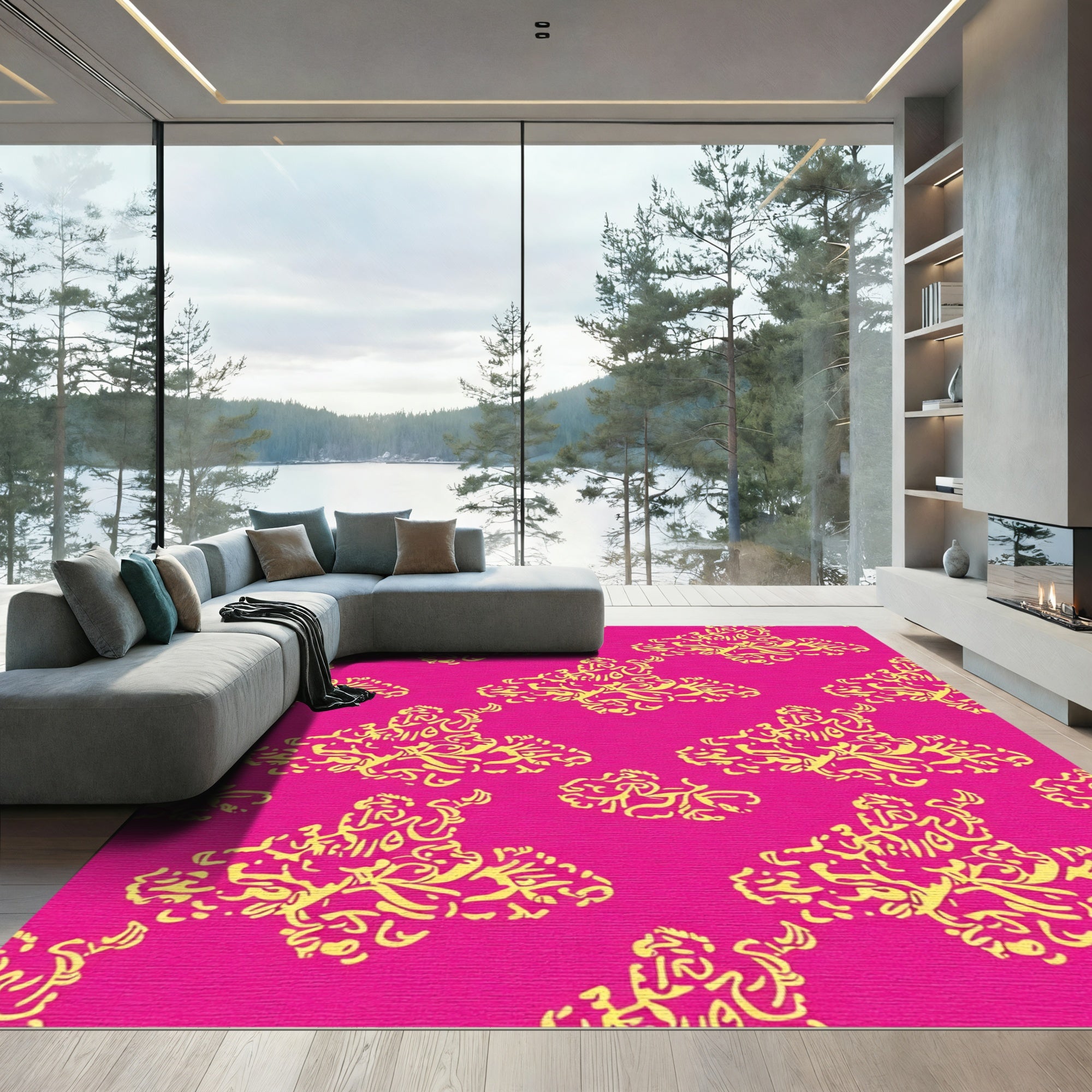 Vivid Yellow Butterfly Scroll Design Rug
