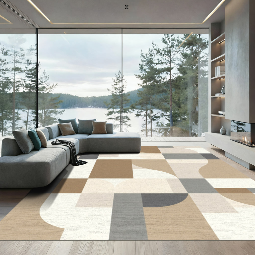Neutral Mid Century Modern Geometric Squares Rug