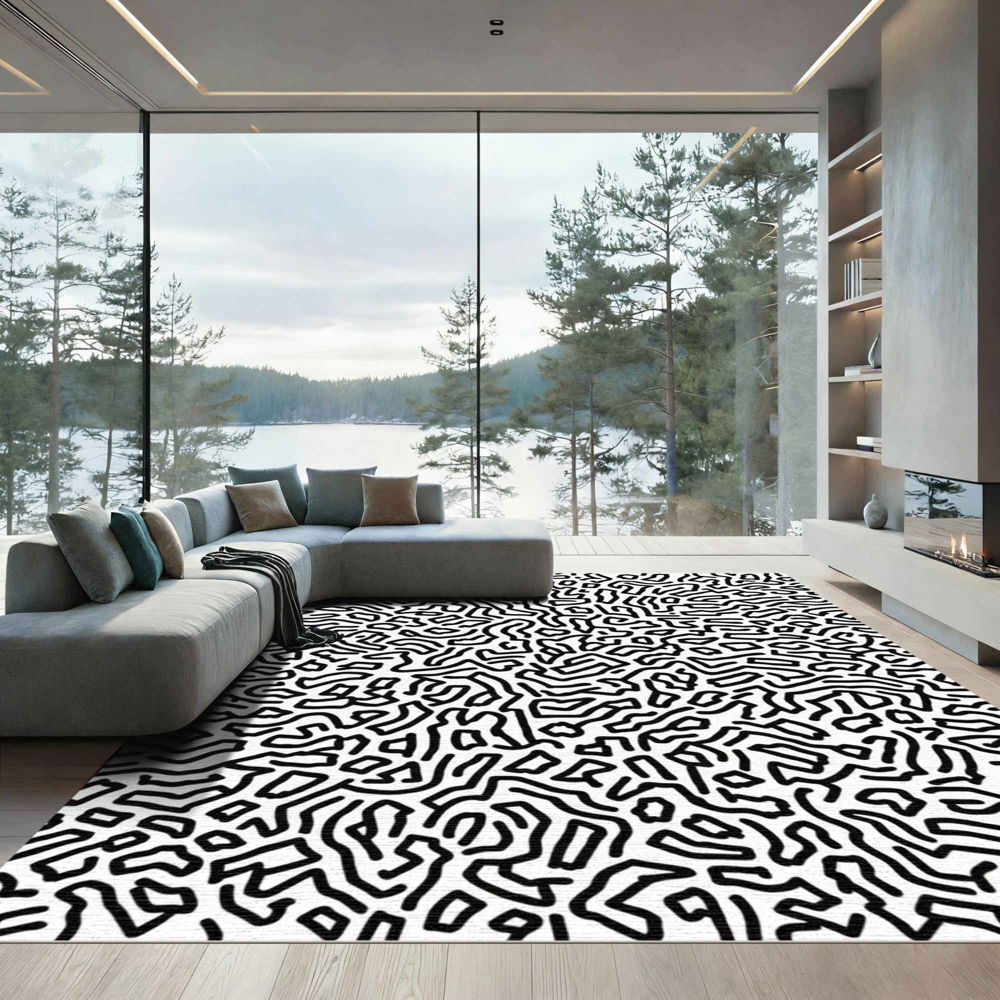 Black White Abstract Line Maze Rug