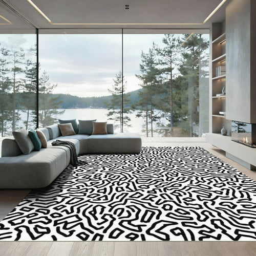 Black White Abstract Line Maze Rug