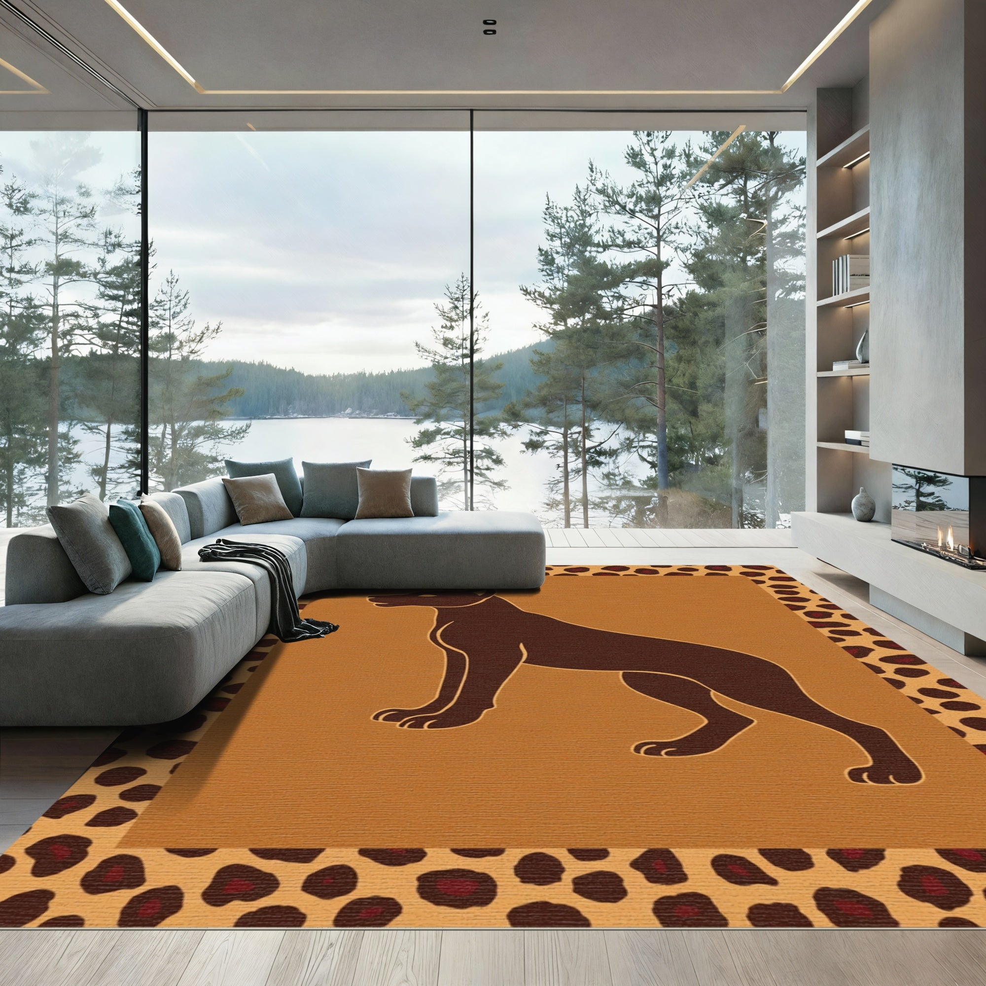 Brown Canine Silhouette Leopard Border Rug