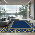 Golden Floral Scroll Navy Blue Frame Rug