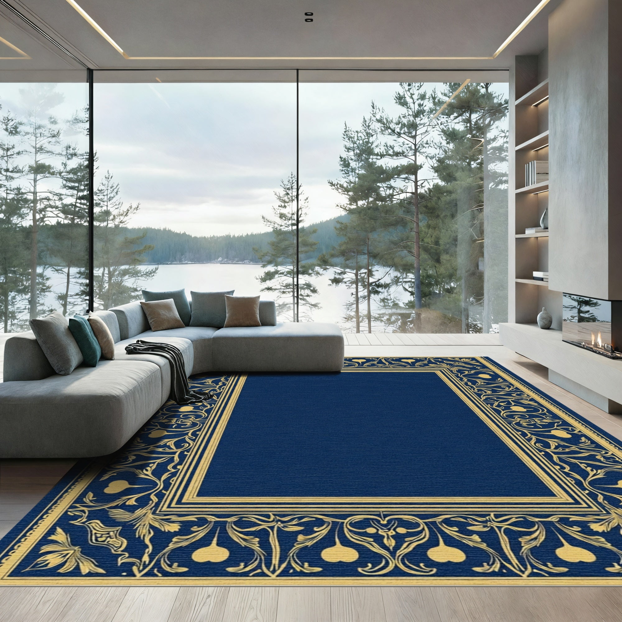 Golden Floral Scroll Navy Blue Frame Rug