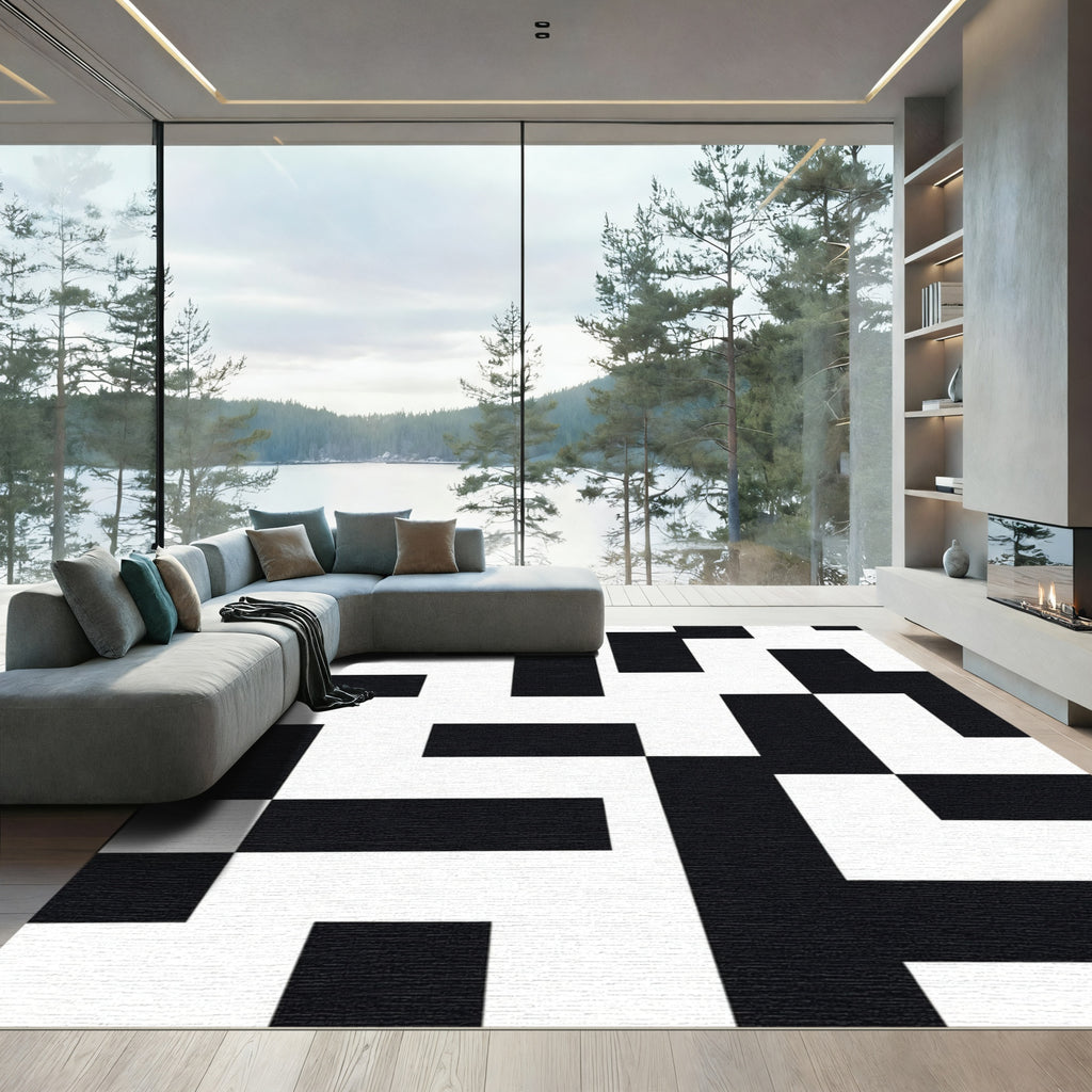 Black White Geometric Offset Rectangles Rug